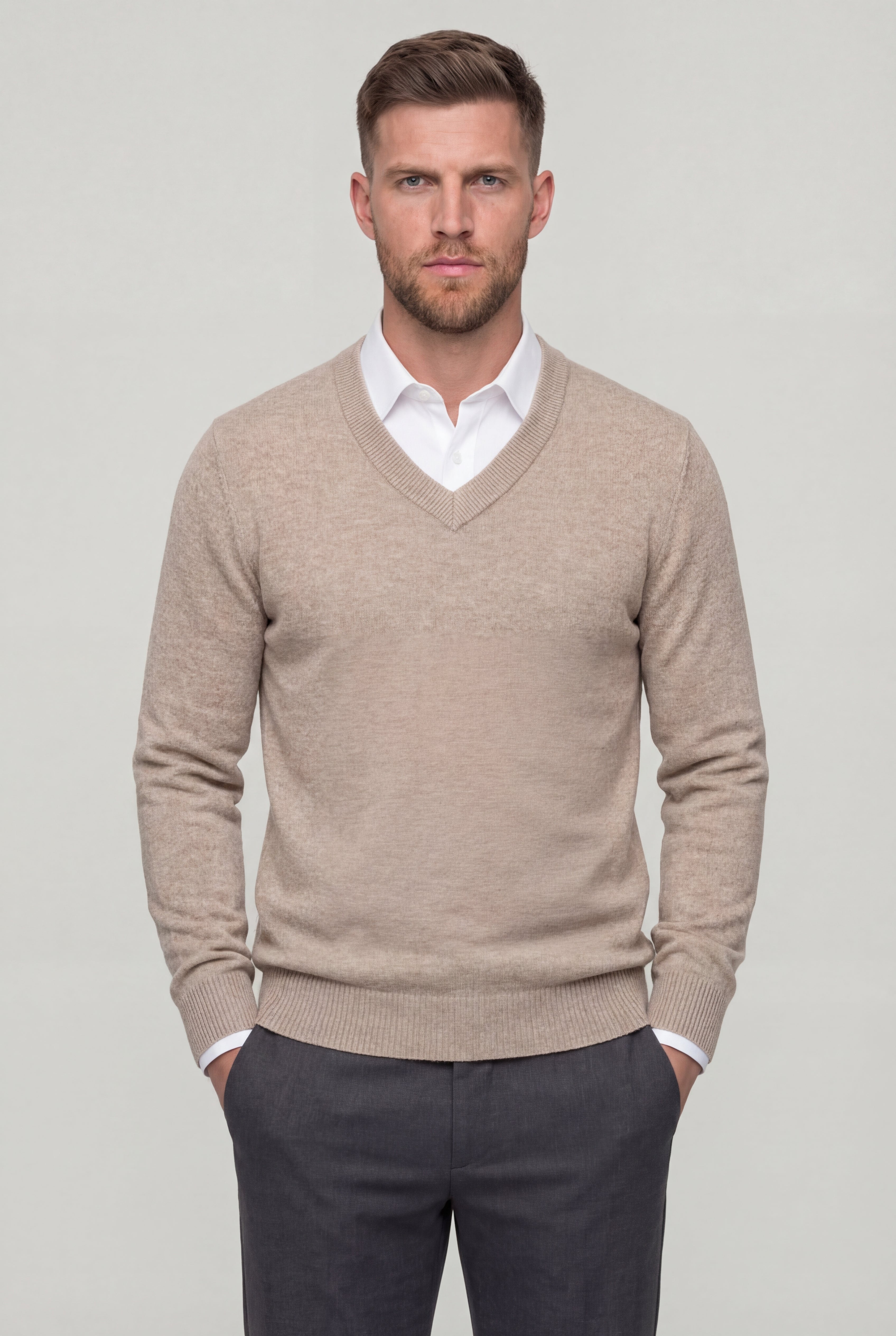 CALDREN WOOL V-NECK SWEATER – BEIGE