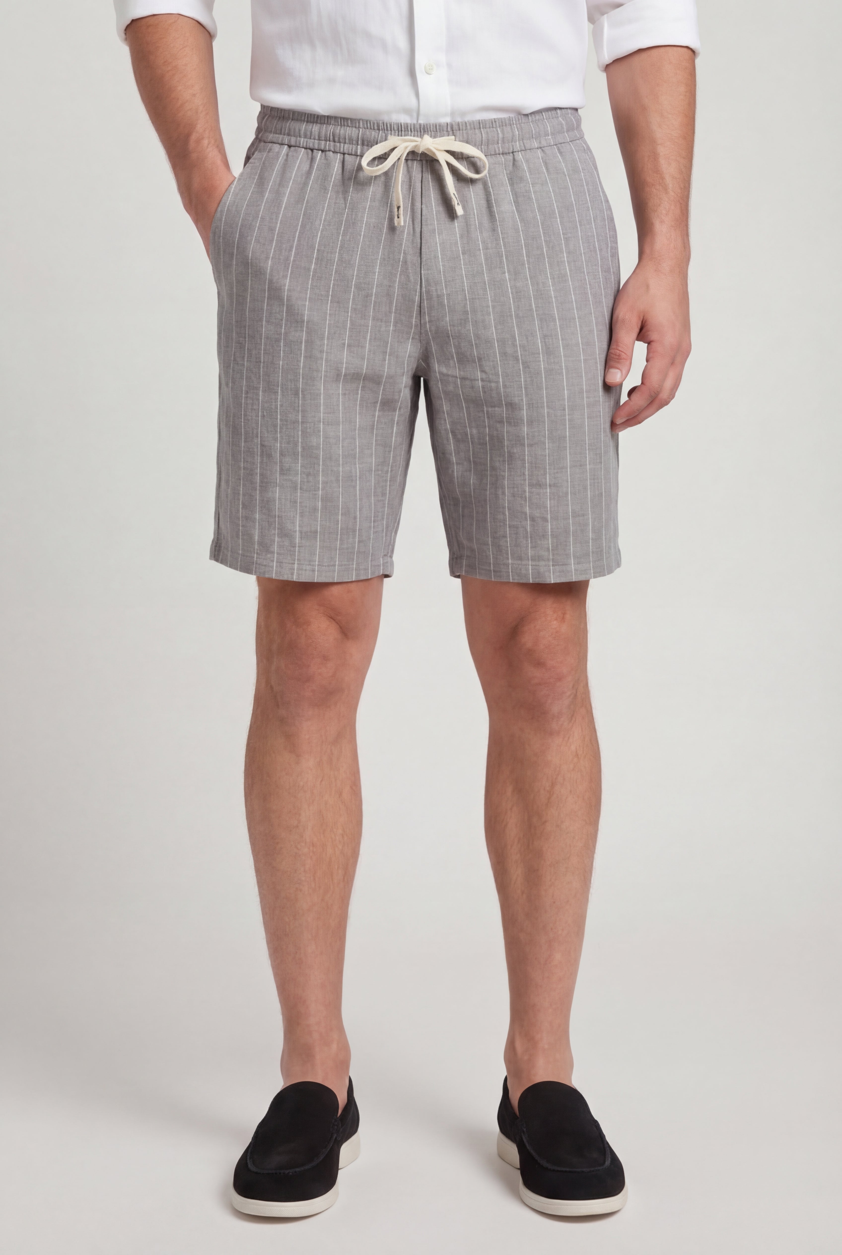 CALVAREL STRIPED LINEN SHORTS – GRAY