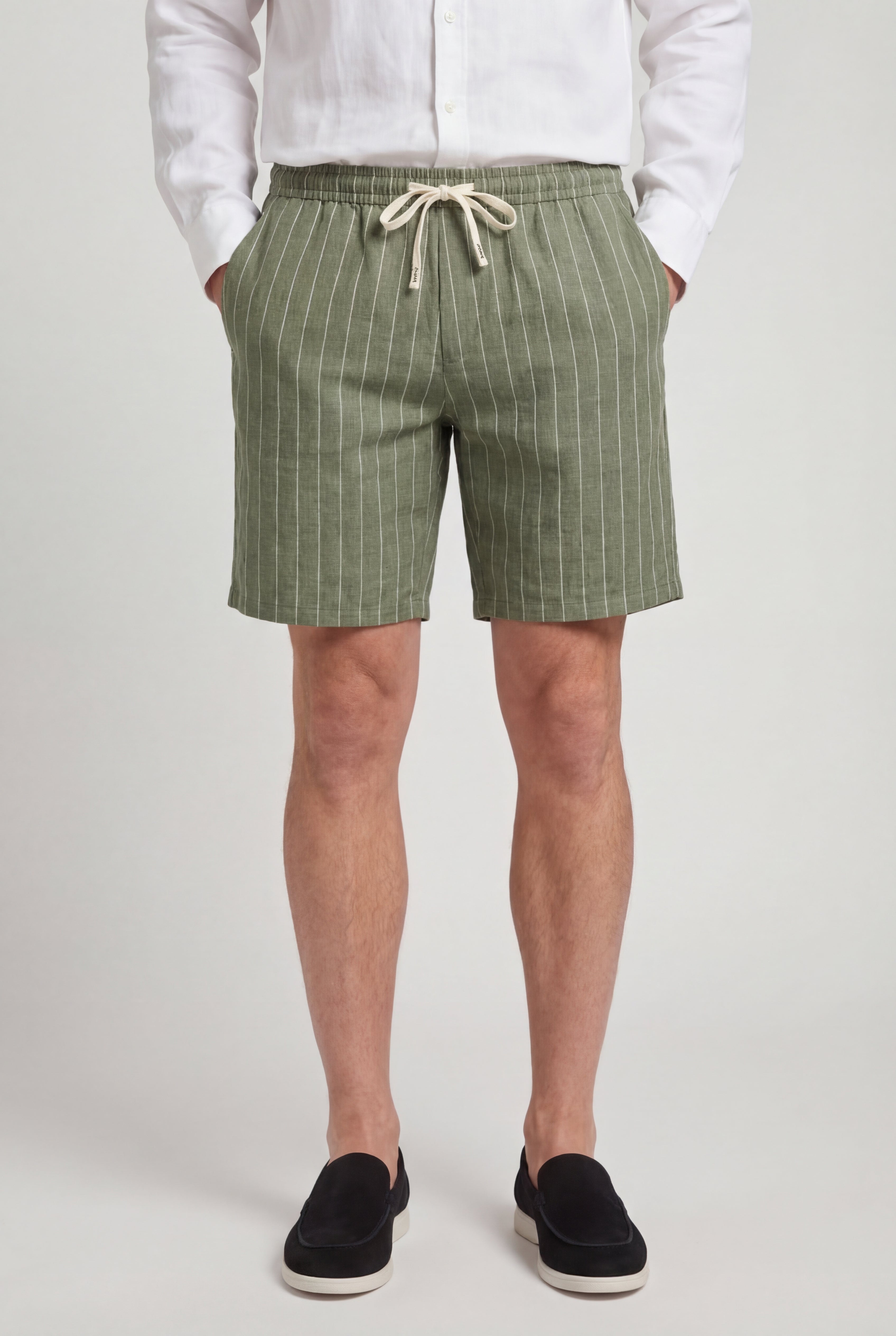 CALVAREL STRIPED LINEN SHORTS – GREEN