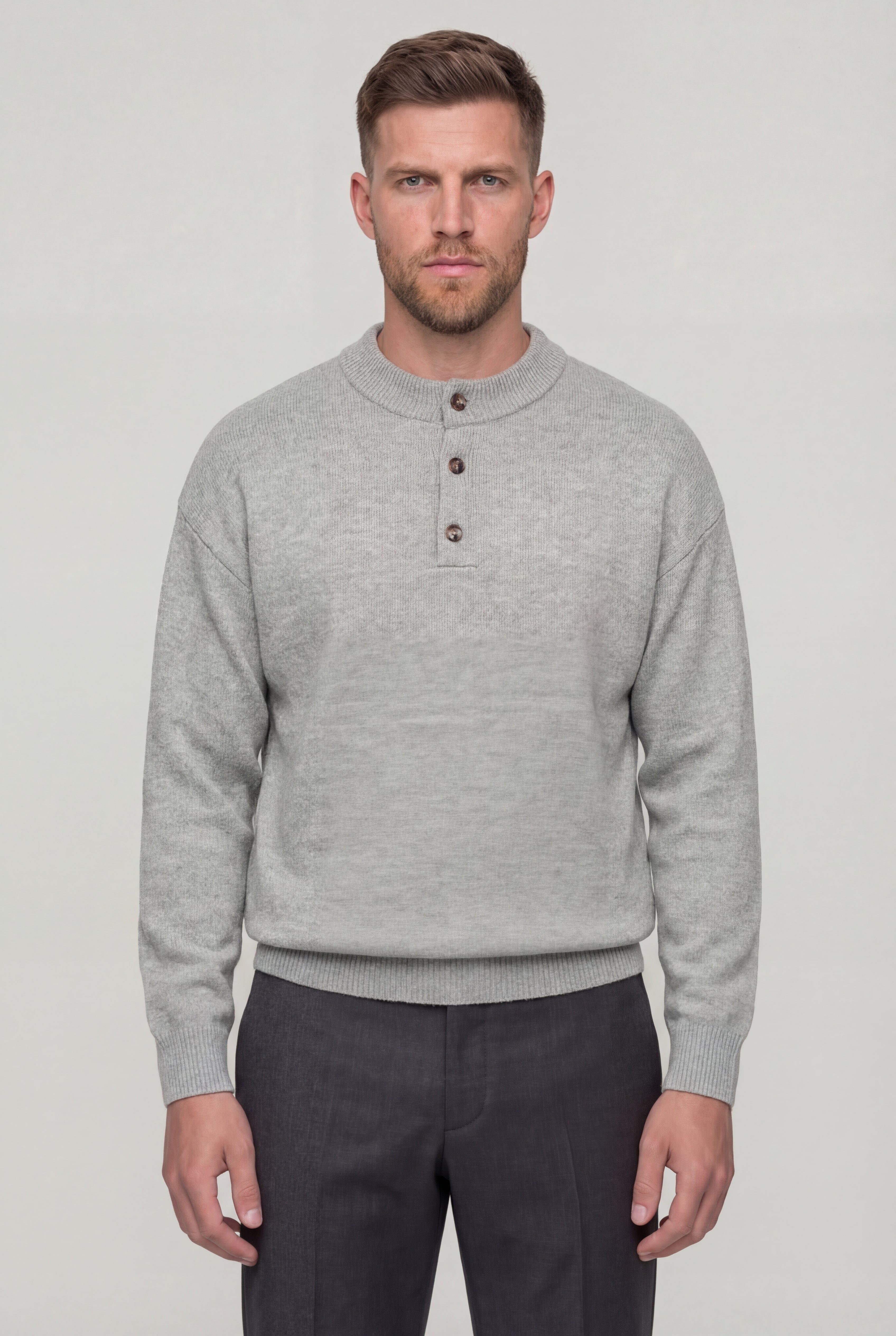 CALVOR HENLEY KNIT SWEATER – GRAY