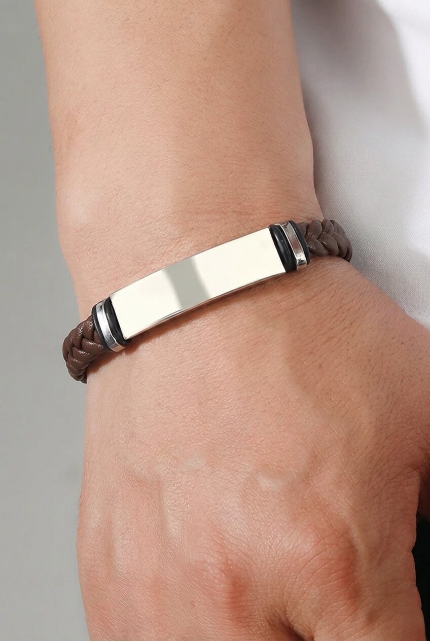 Men's Braided Leather Bracelet Brown – Stainless Steel Plate Clasp