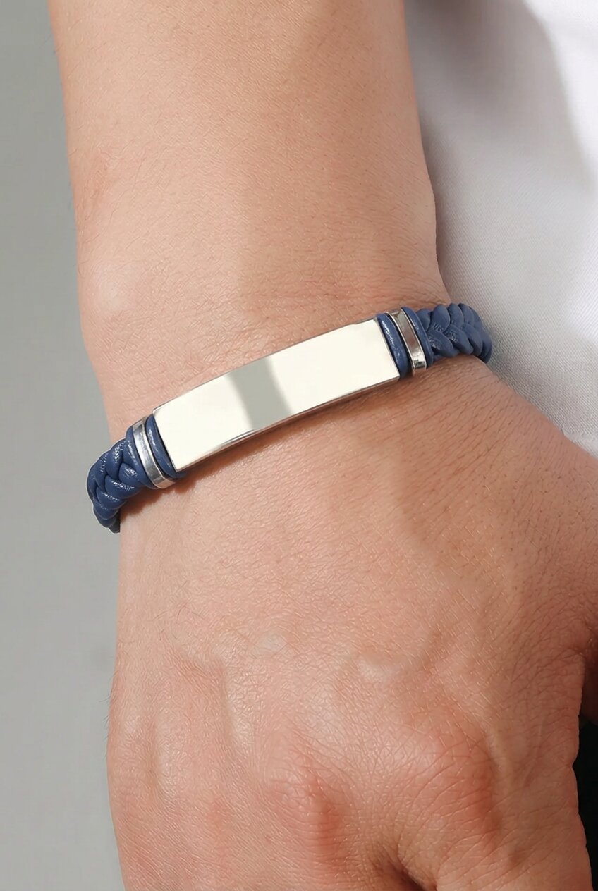 Men's Braided Leather Bracelet Navy – Stainless Steel Plate Clasp
