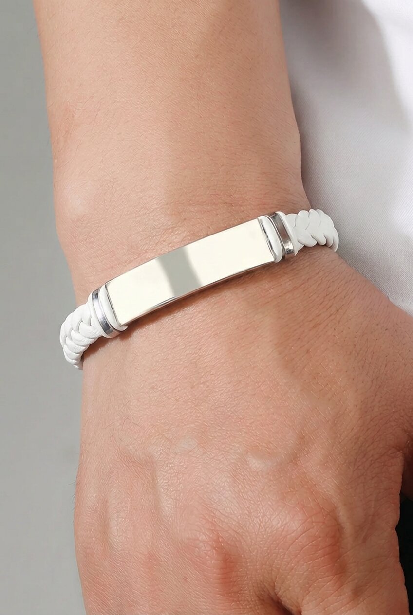 【美品】PRY GROUND シュウト011-PLATE-BRACELET Men's Braided Leather Bracelet White – Stainless Steel Plate Clasp