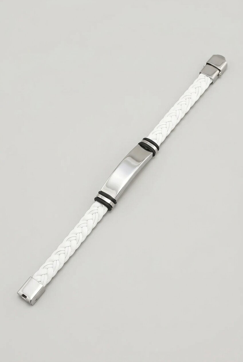 Men's Braided Leather Bracelet White – Stainless Steel Plate Clasp