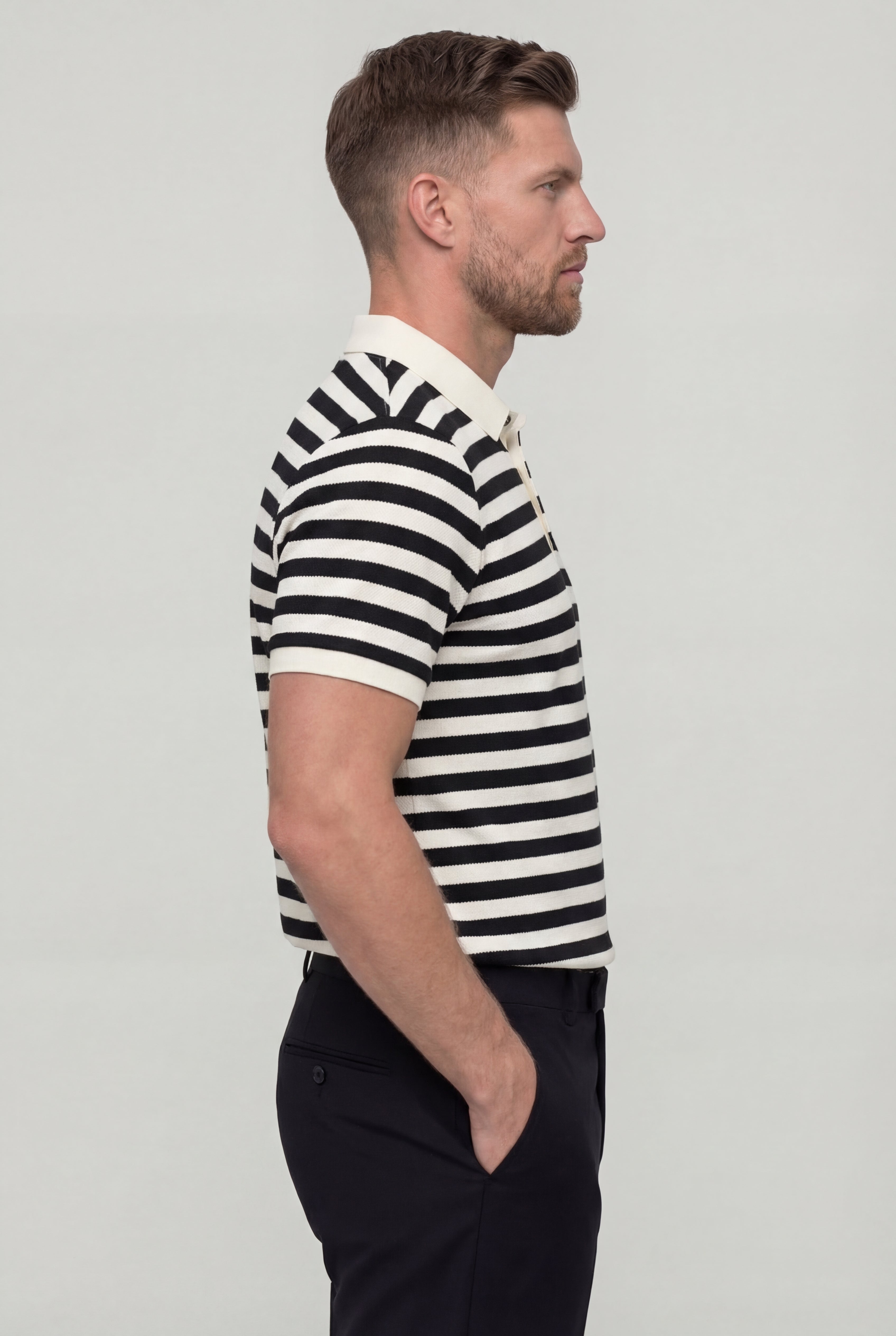 DORVYN STRIPED KNIT POLO SHIRT – BLACK