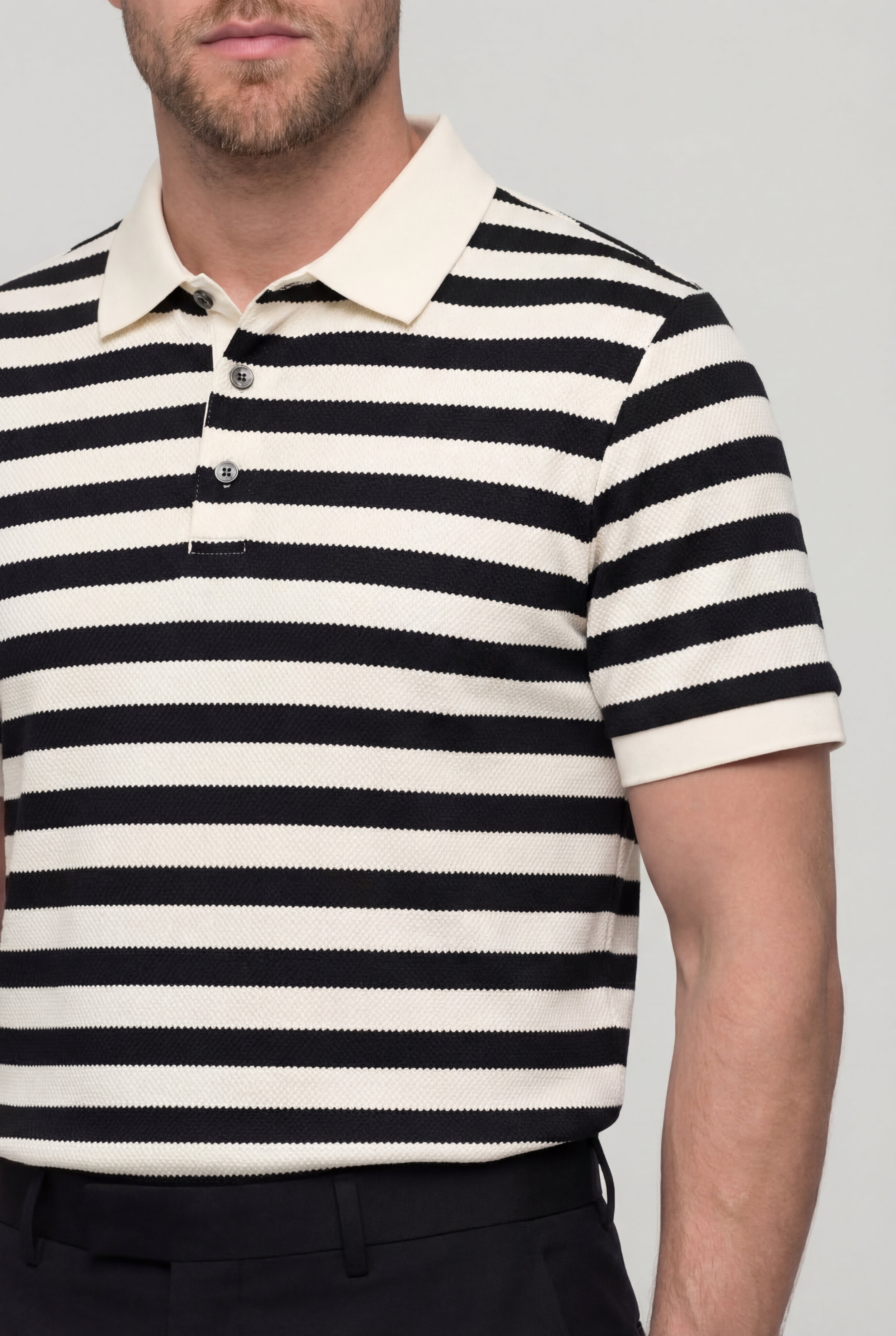 DORVYN STRIPED KNIT POLO SHIRT – BLACK