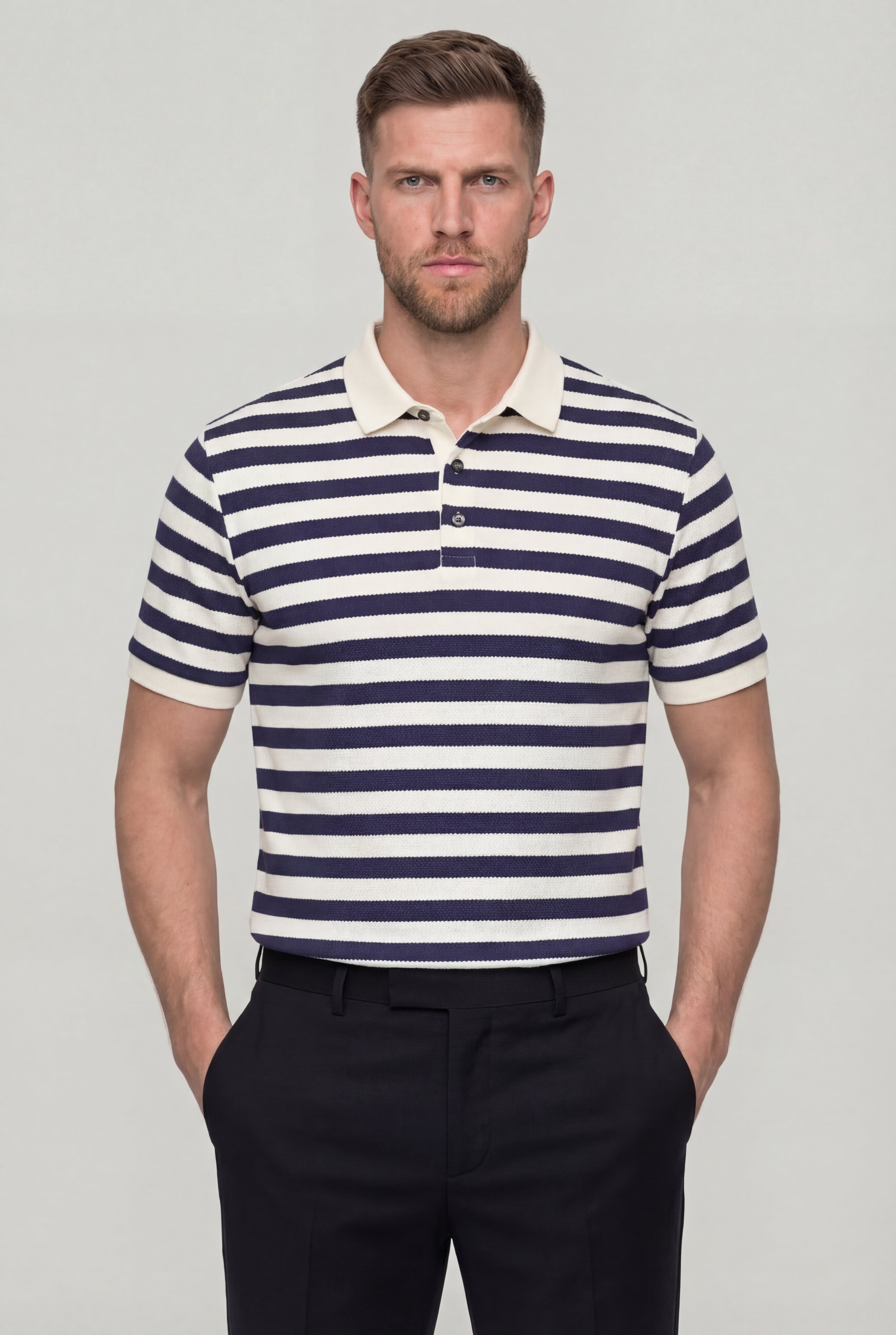 DORVYN STRIPED KNIT POLO SHIRT – BLUE