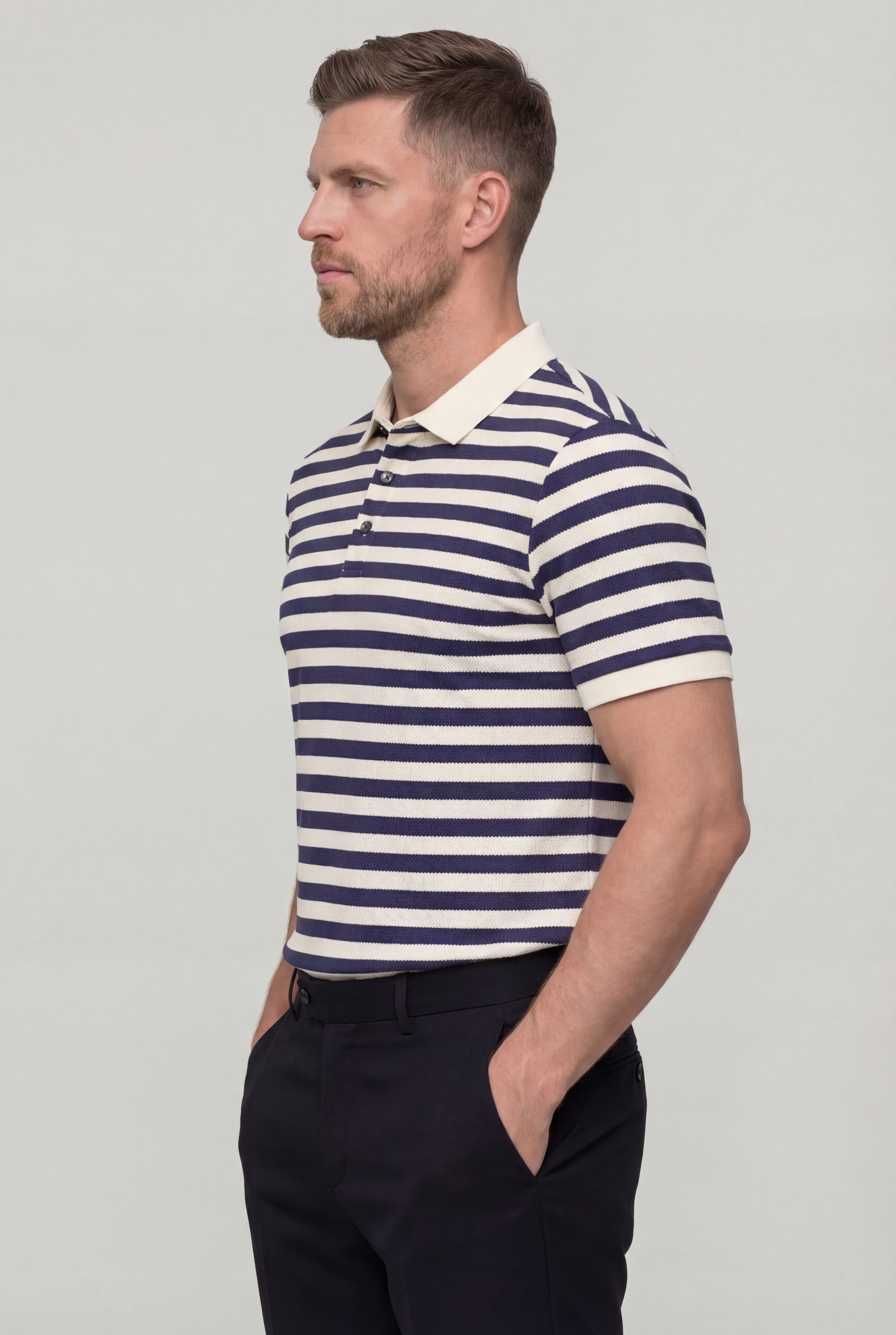 DORVYN STRIPED KNIT POLO SHIRT – BLUE