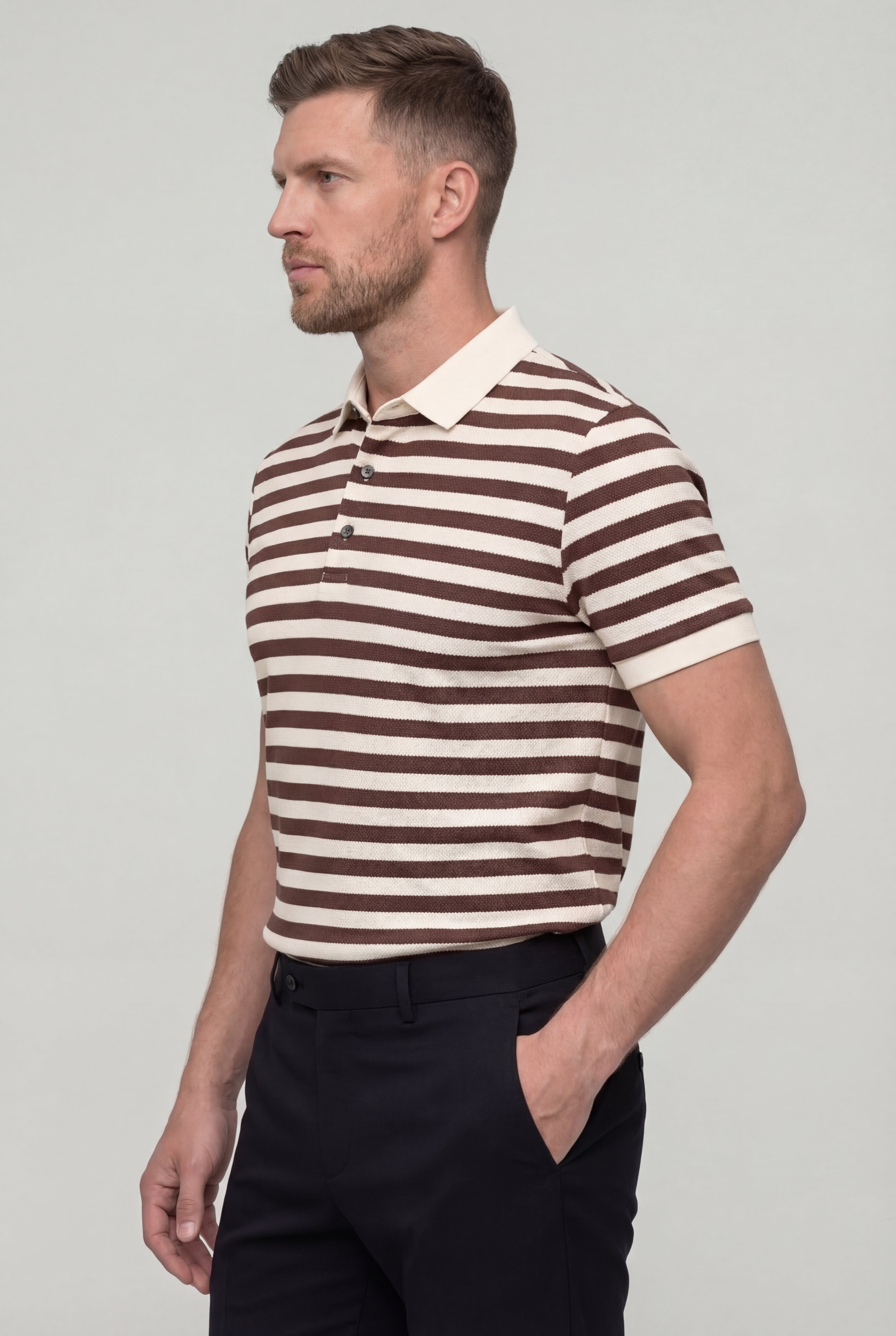 DORVYN STRIPED KNIT POLO SHIRT – BROWN
