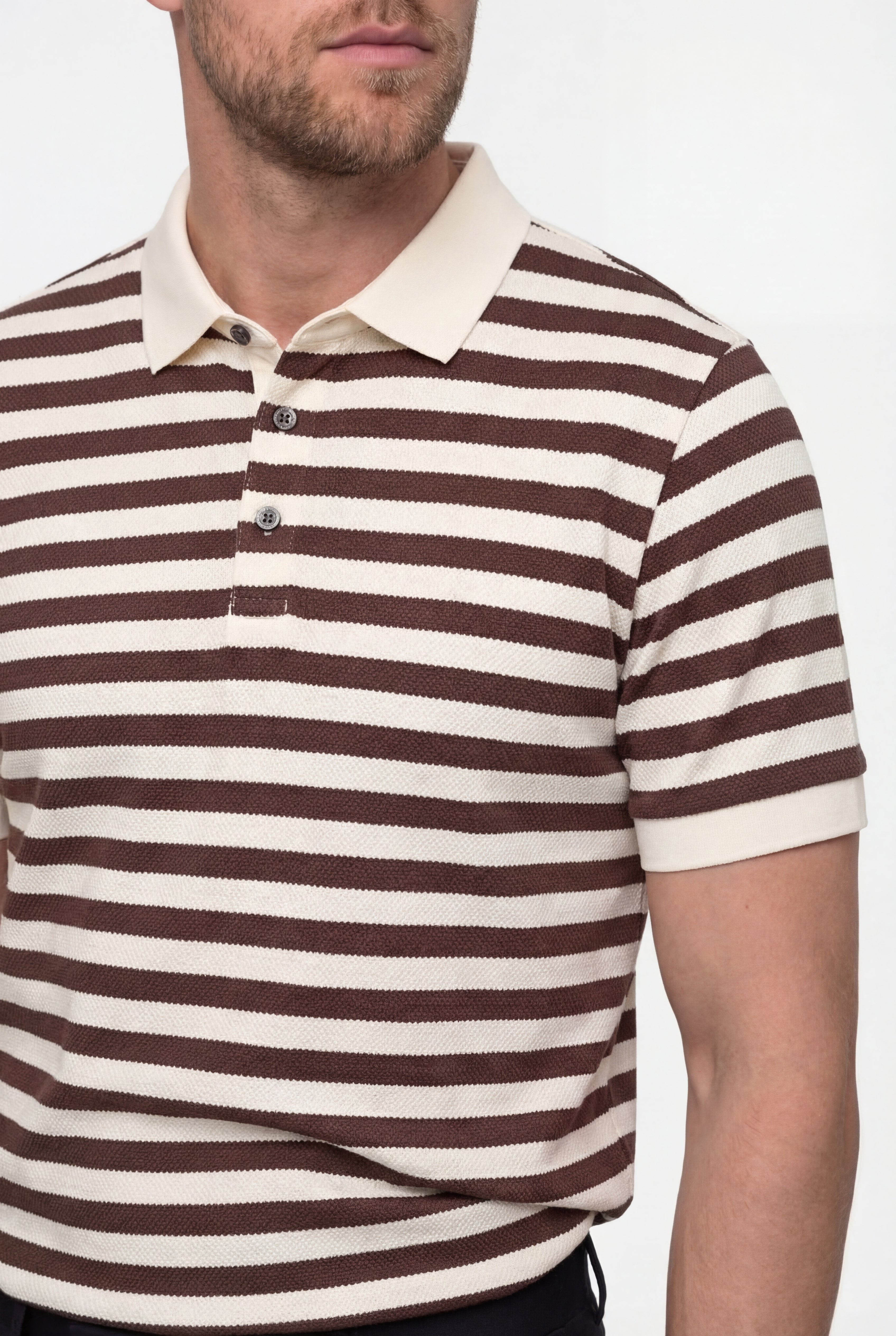 DORVYN STRIPED KNIT POLO SHIRT – BROWN