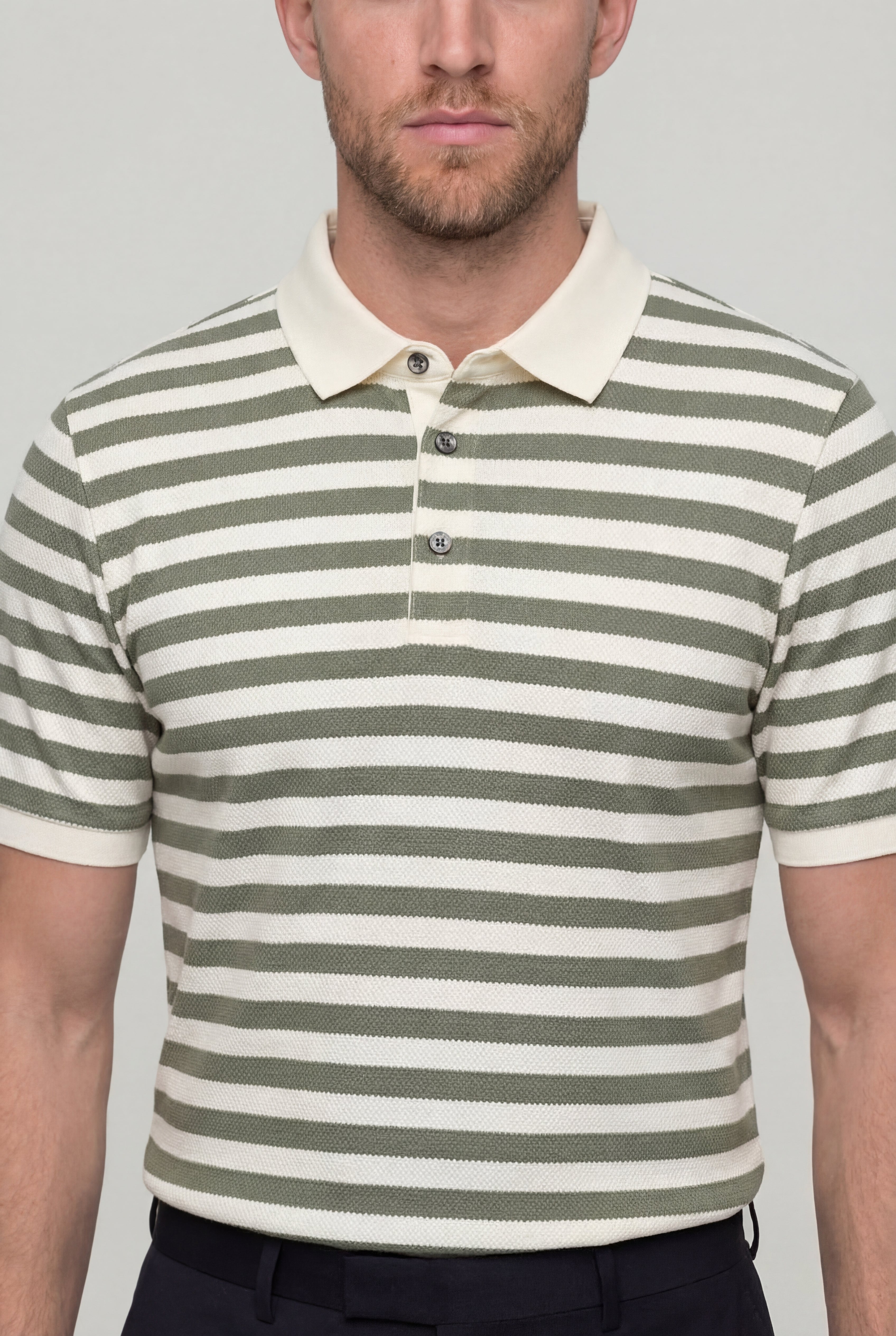 DORVYN STRIPED KNIT POLO SHIRT – GREEN