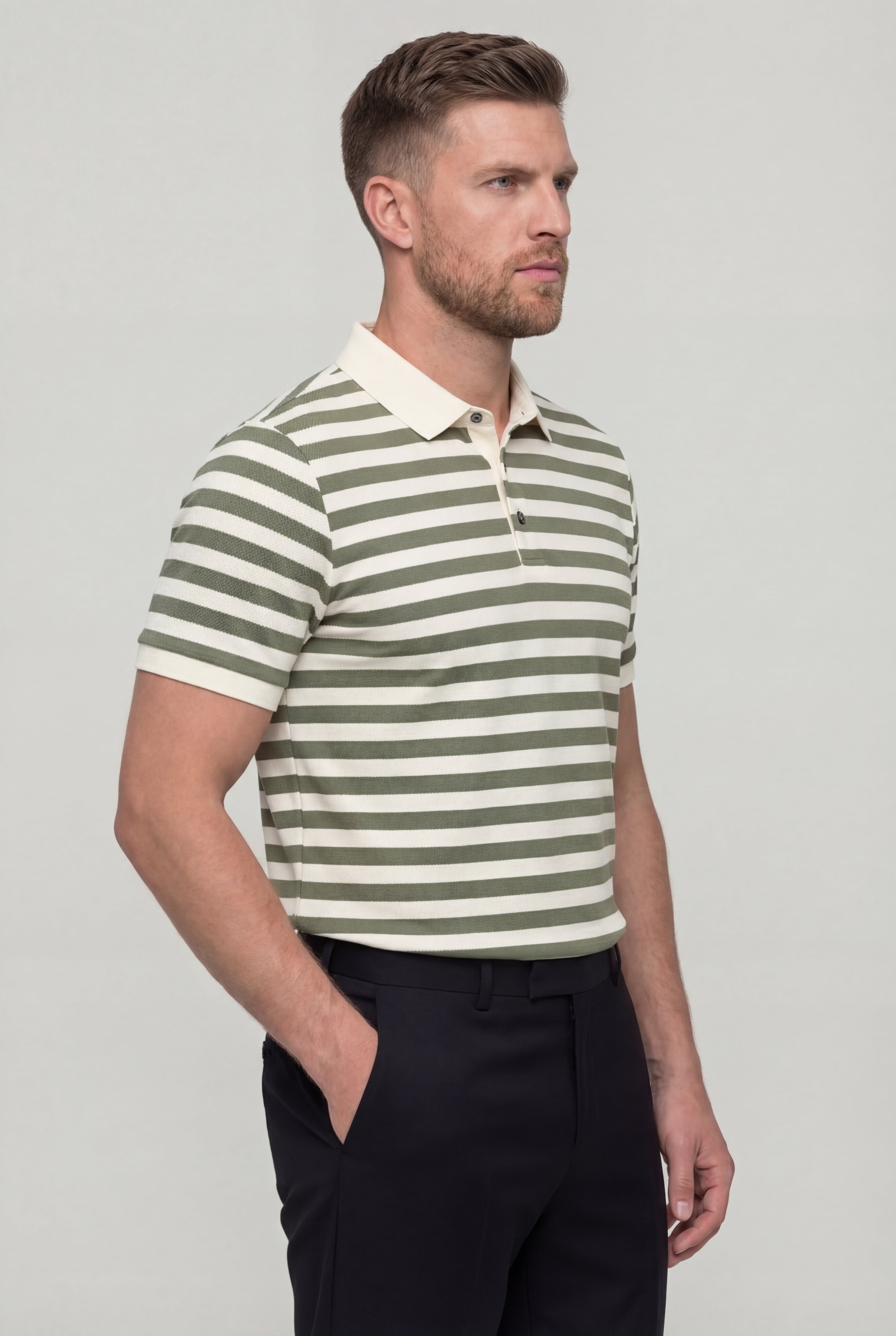 DORVYN STRIPED KNIT POLO SHIRT – GREEN