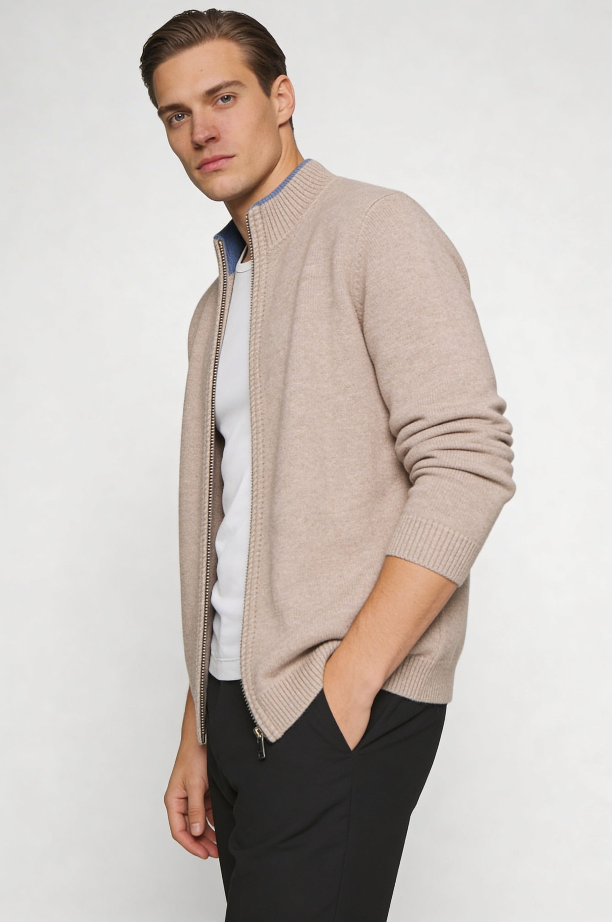 KALDER WOOL ZIP CARDIGAN – BEIGE