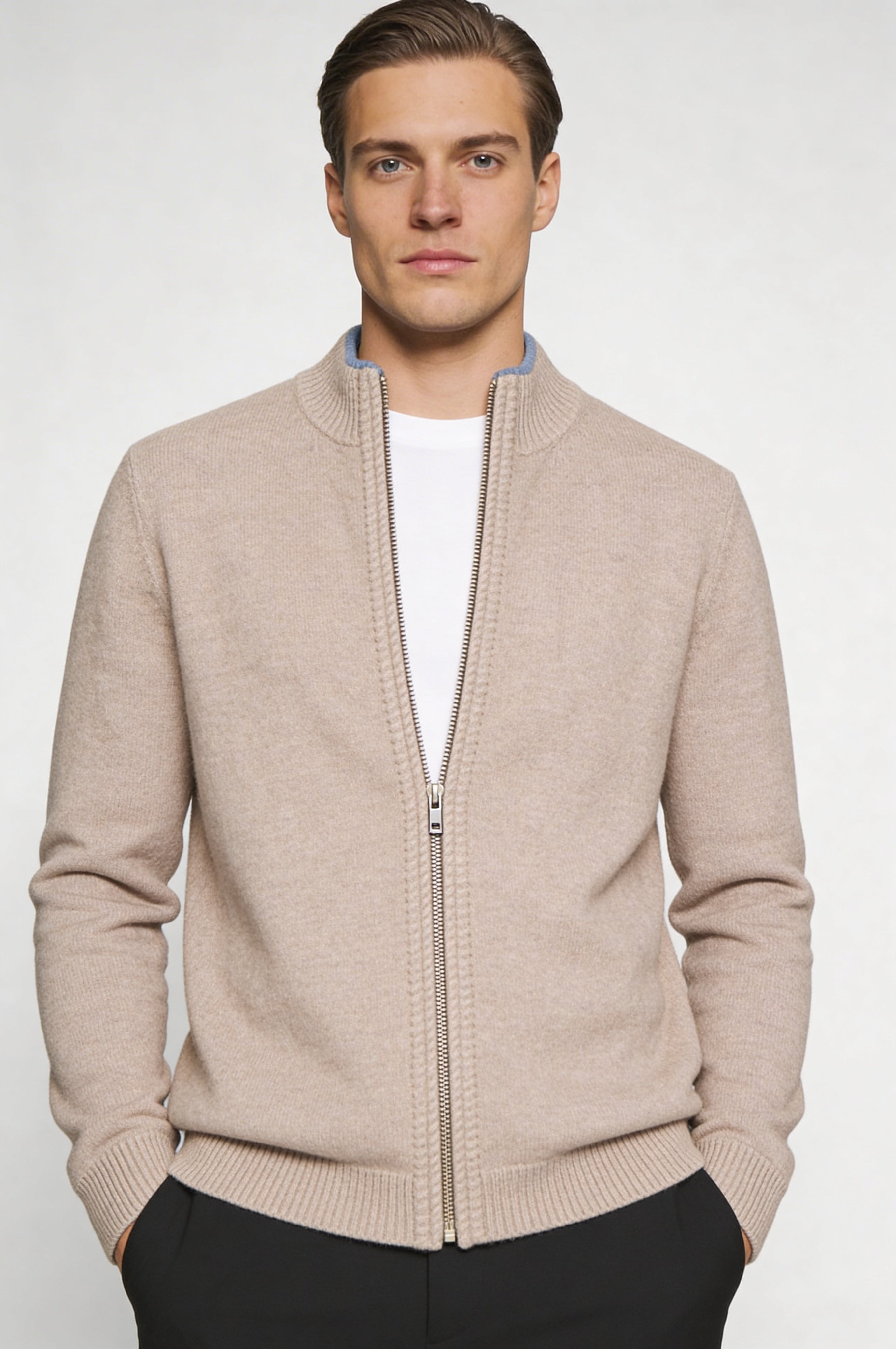 KALDER WOOL ZIP CARDIGAN – BEIGE