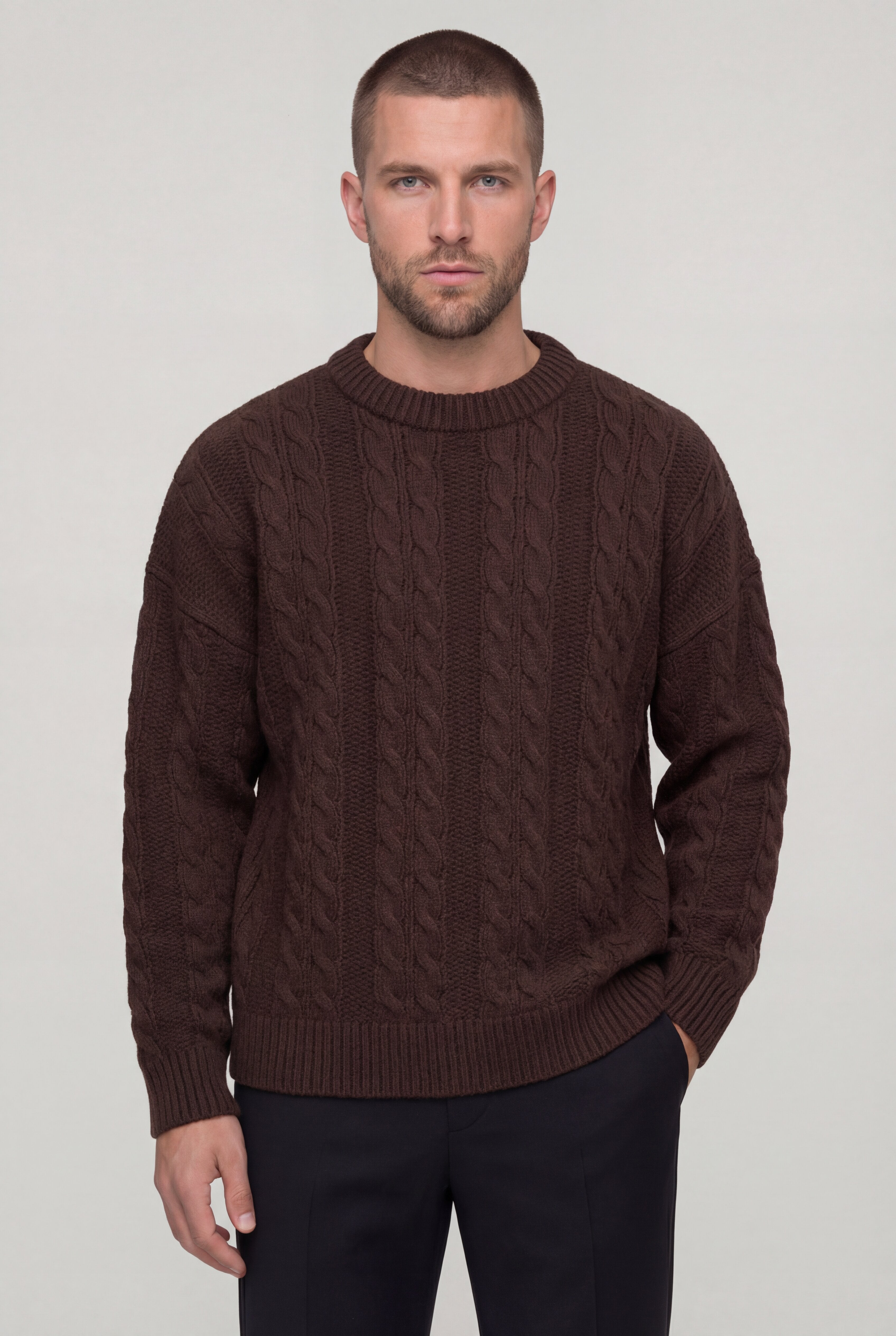 KAVIRO CABLE KNIT SWEATER – BROWN