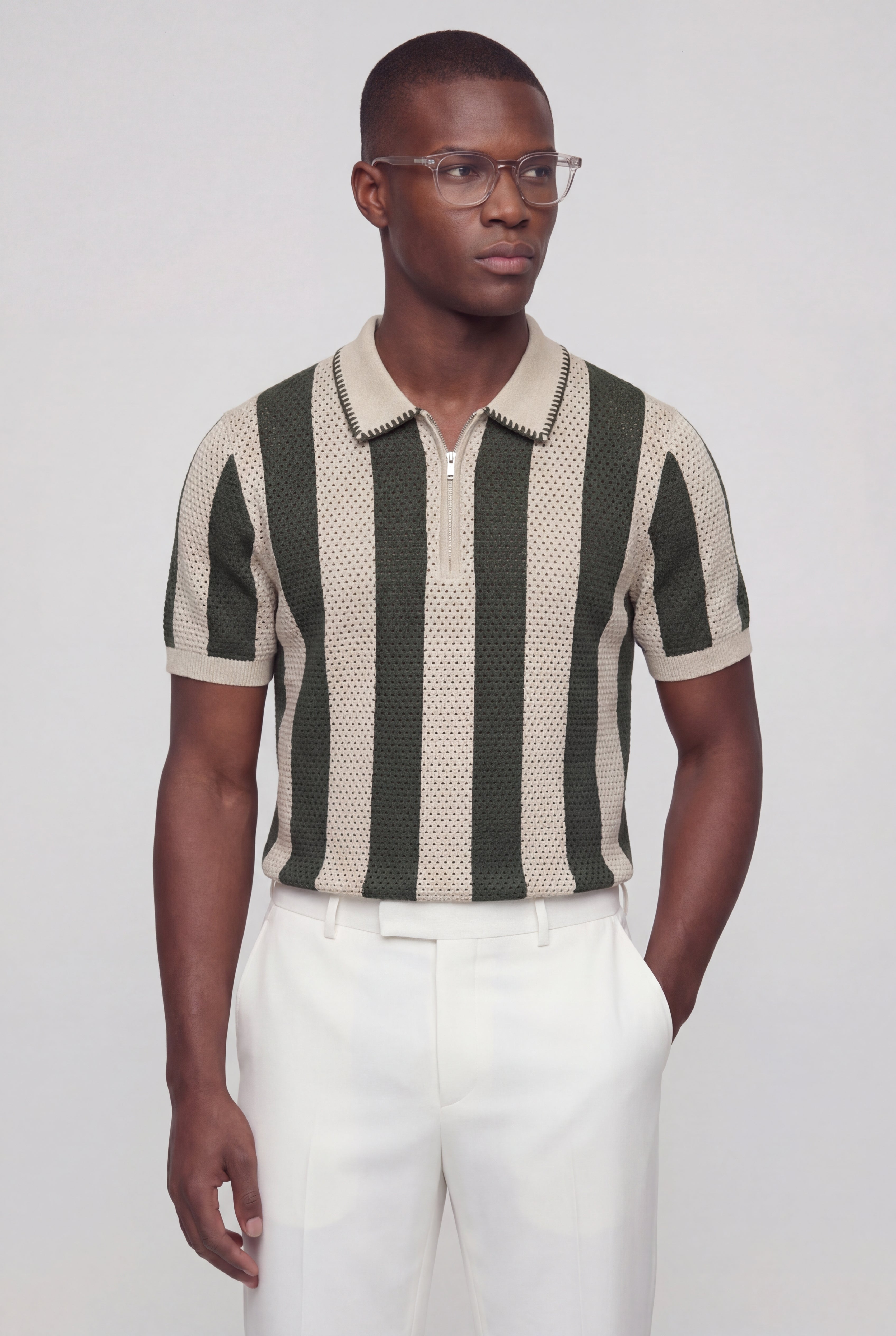 KLIERO STRIPED KNIT POLO – ARMY
