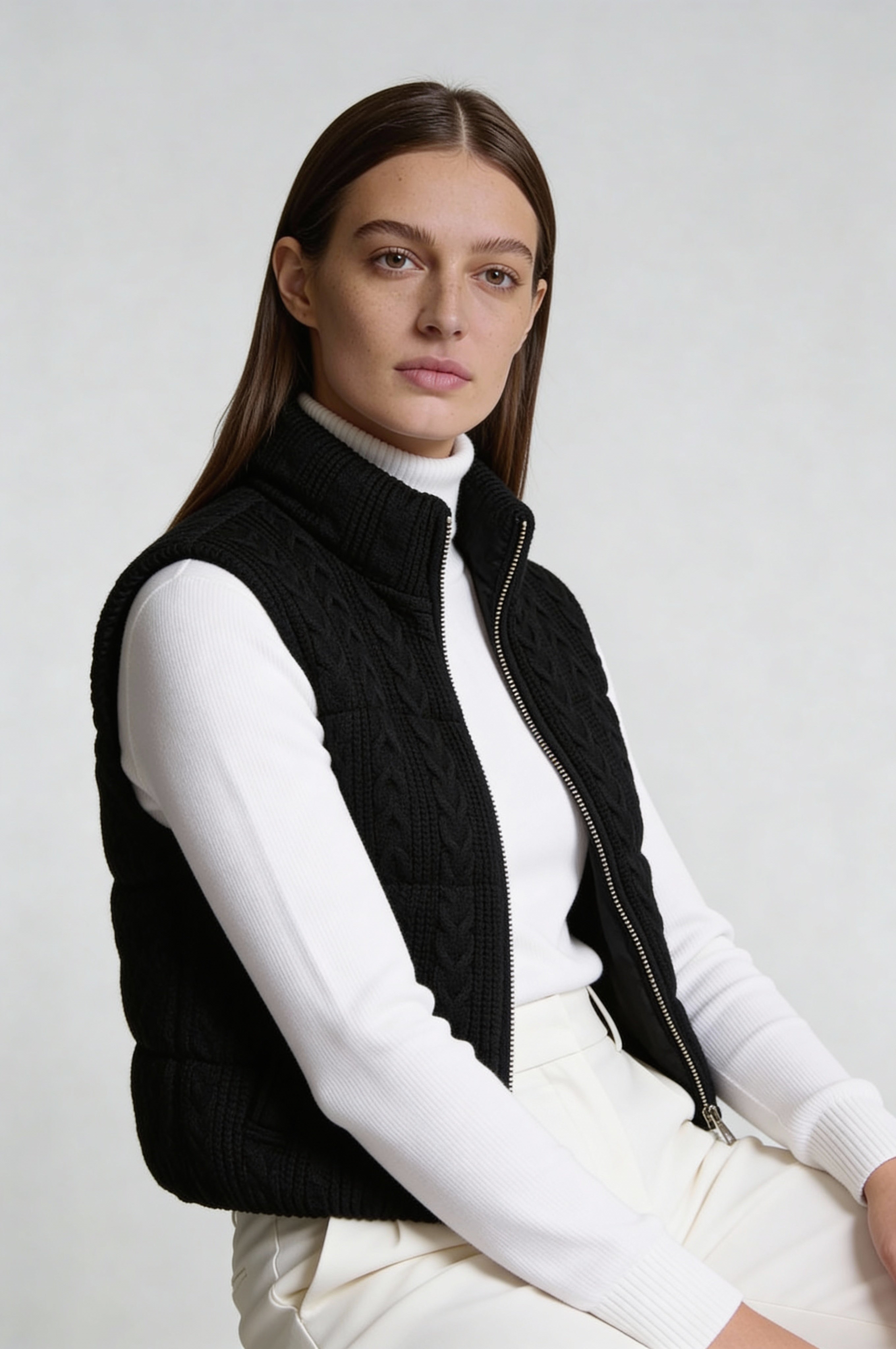 LARA CABLE-KNIT PUFFER VEST – BLACK