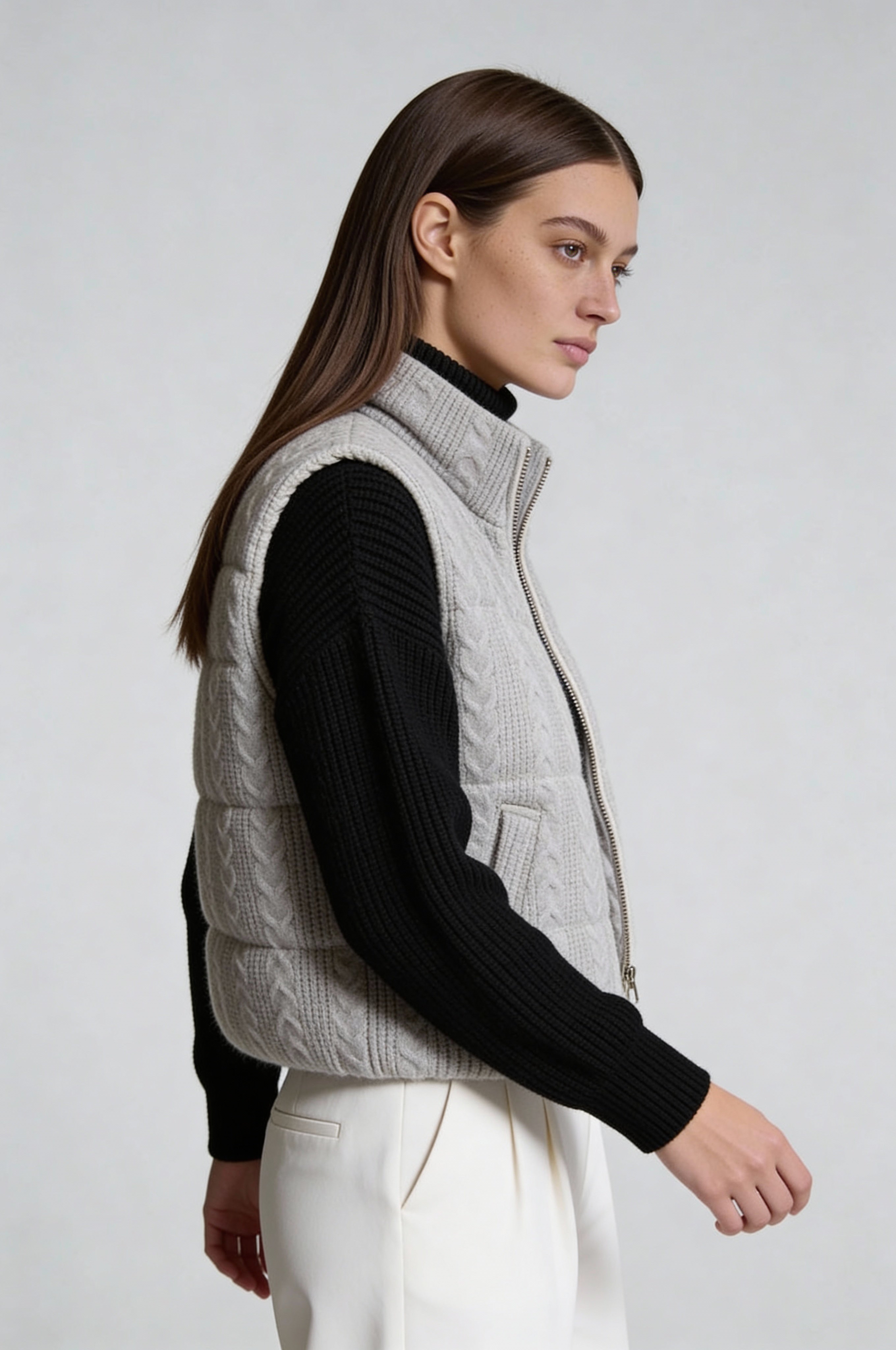 LARA CABLE-KNIT PUFFER VEST – GRAY