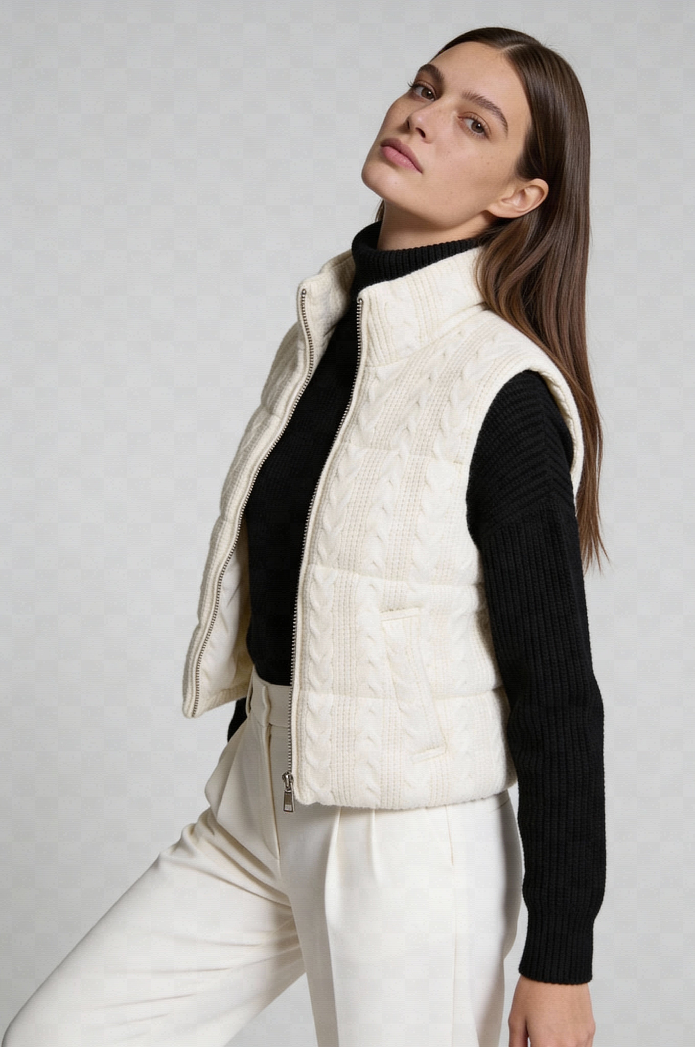 LARA CABLE-KNIT PUFFER VEST – IVORY