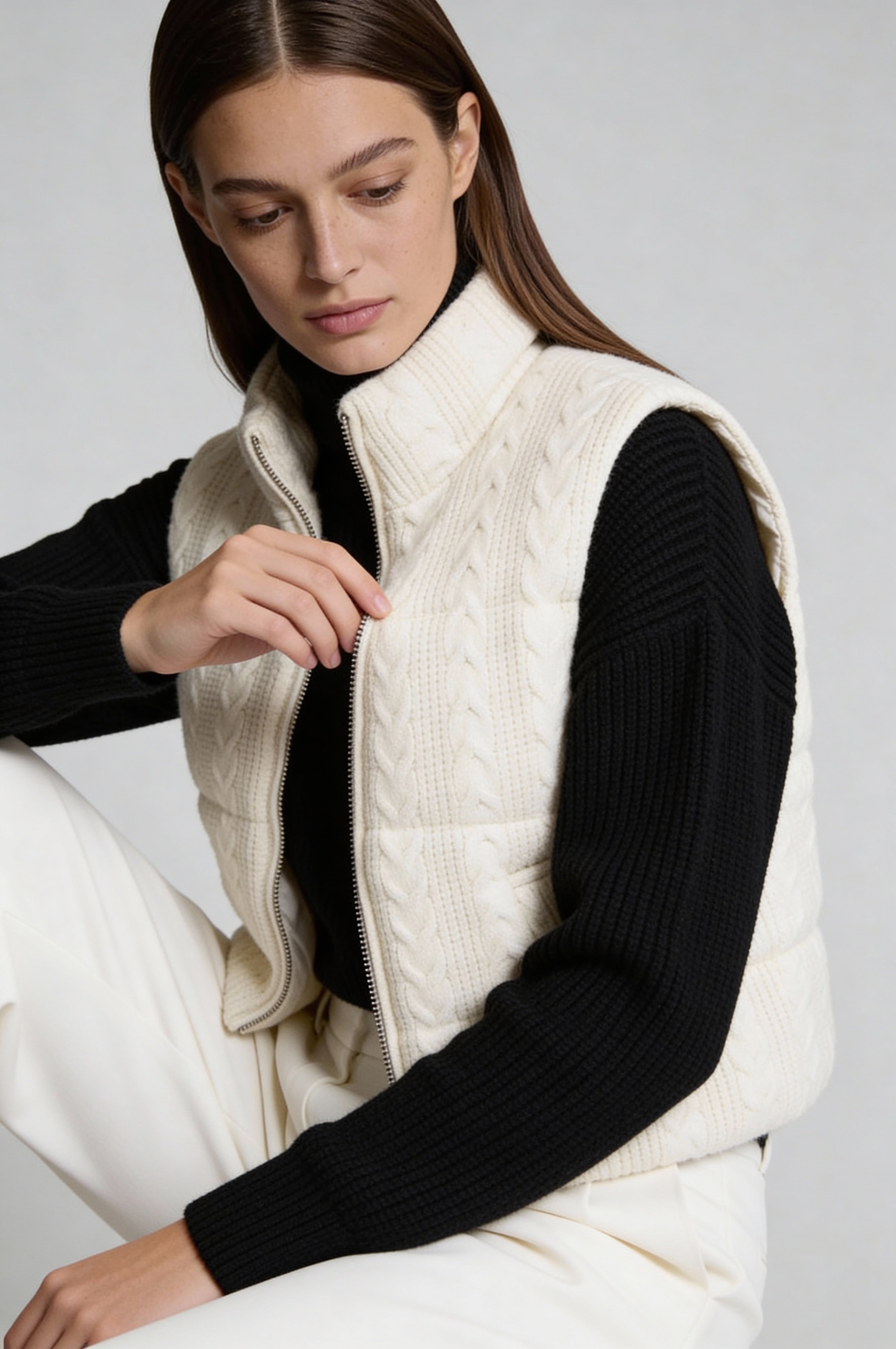LARA CABLE-KNIT PUFFER VEST – IVORY