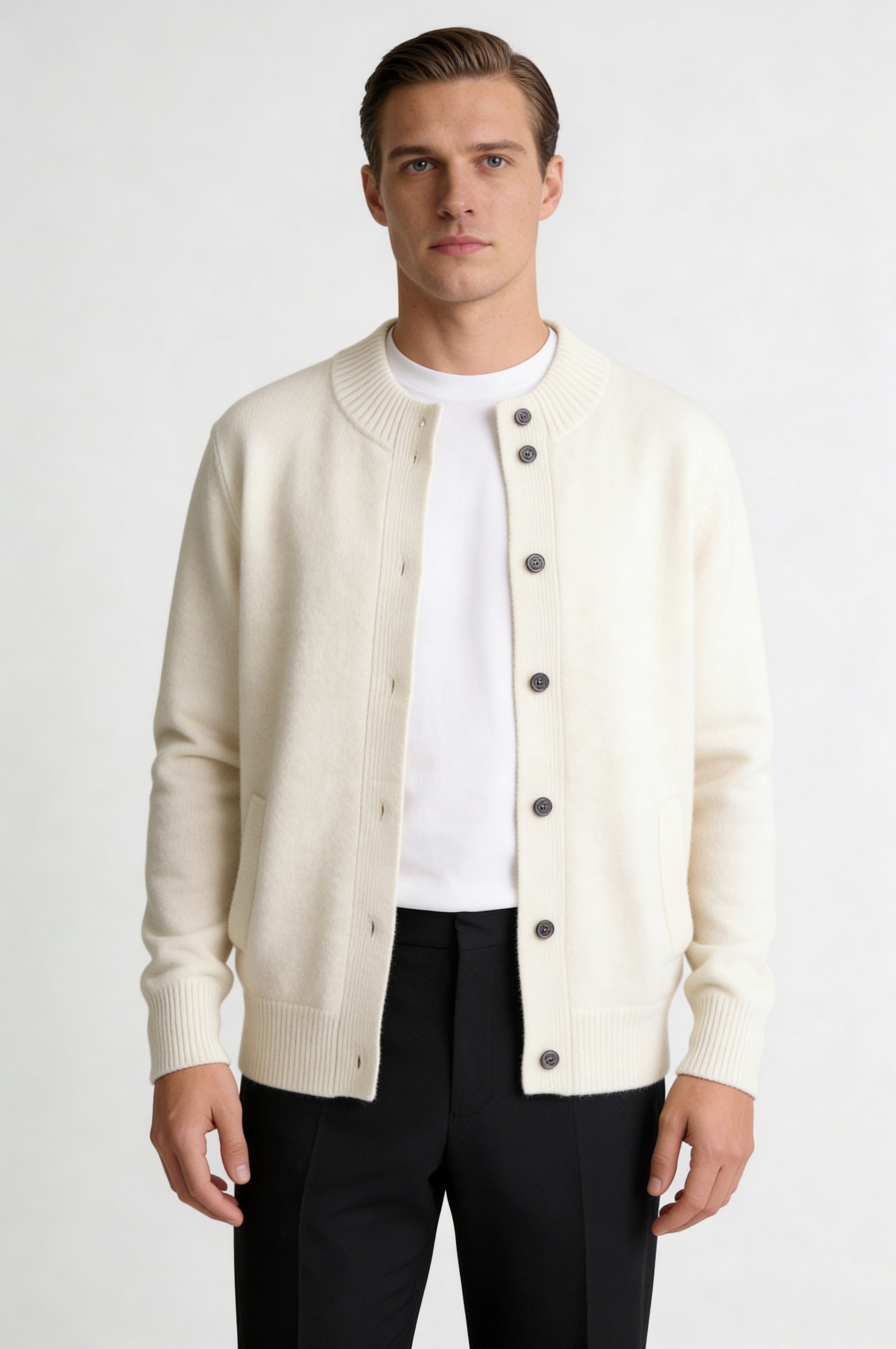 LORVIK WOOL STAND COLLAR CARDIGAN – IVORY