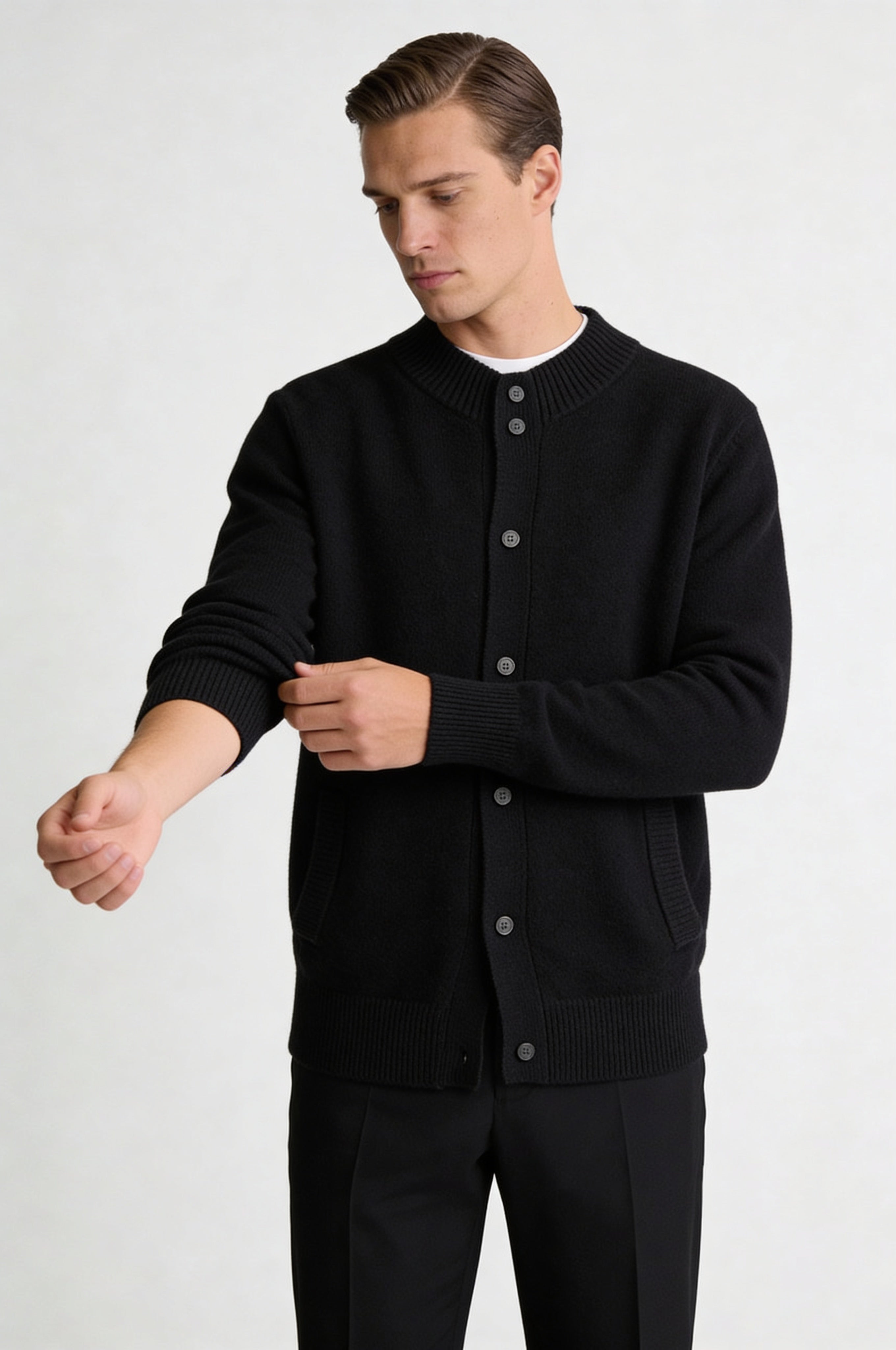 LORVIK WOOL STAND COLLAR CARDIGAN – BLACK