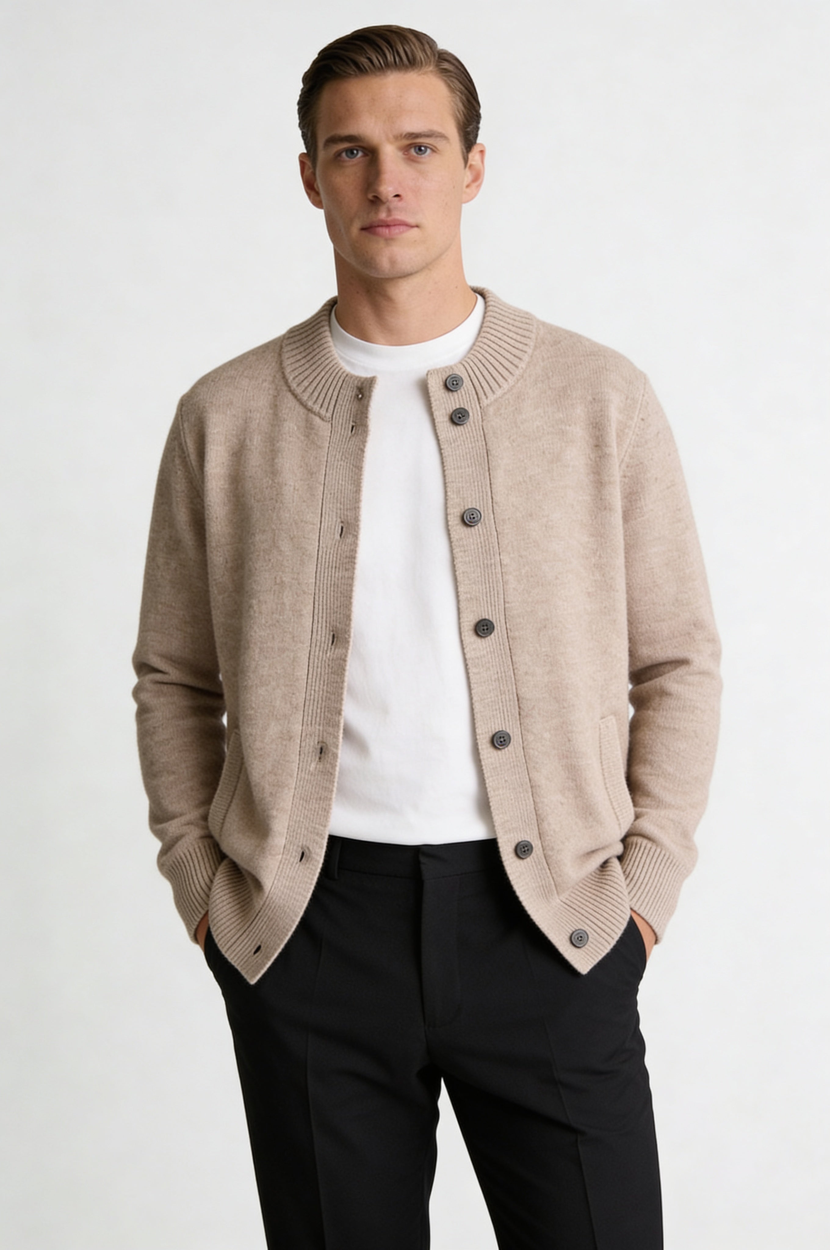 LORVIK WOOL STAND COLLAR CARDIGAN – CAMEL