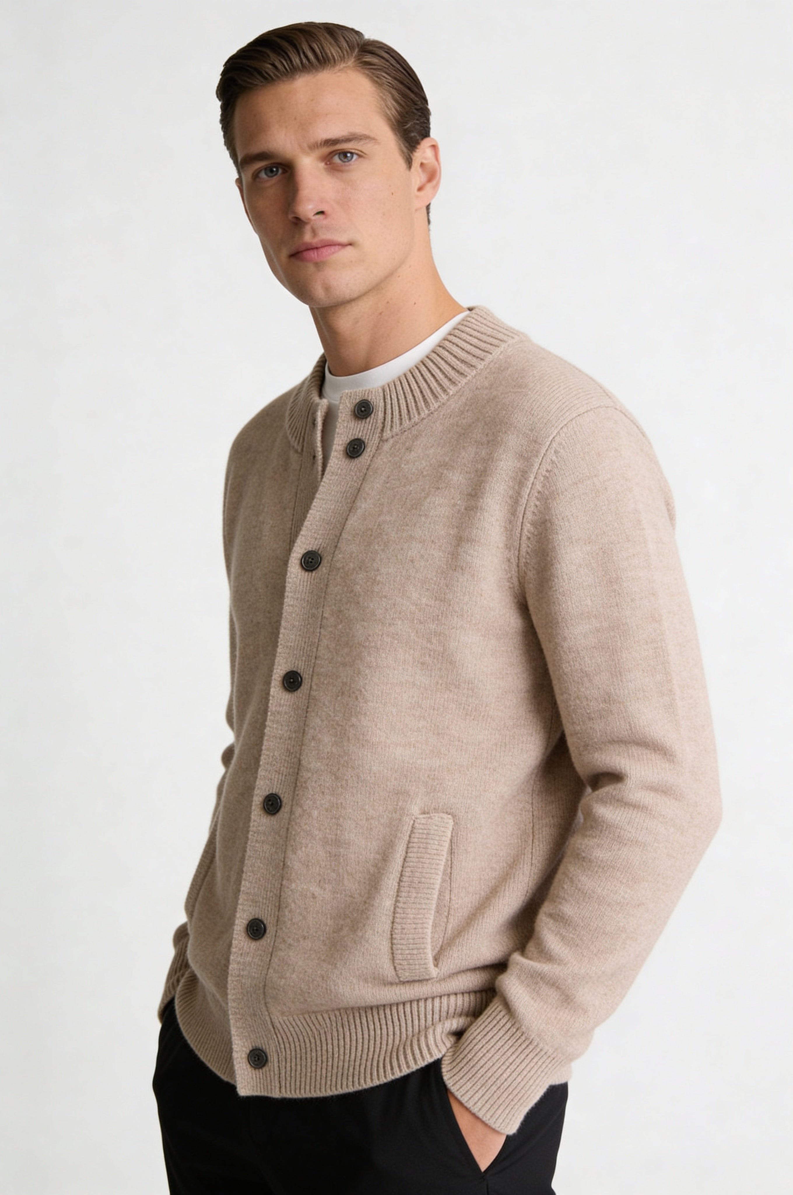 LORVIK WOOL STAND COLLAR CARDIGAN – CAMEL