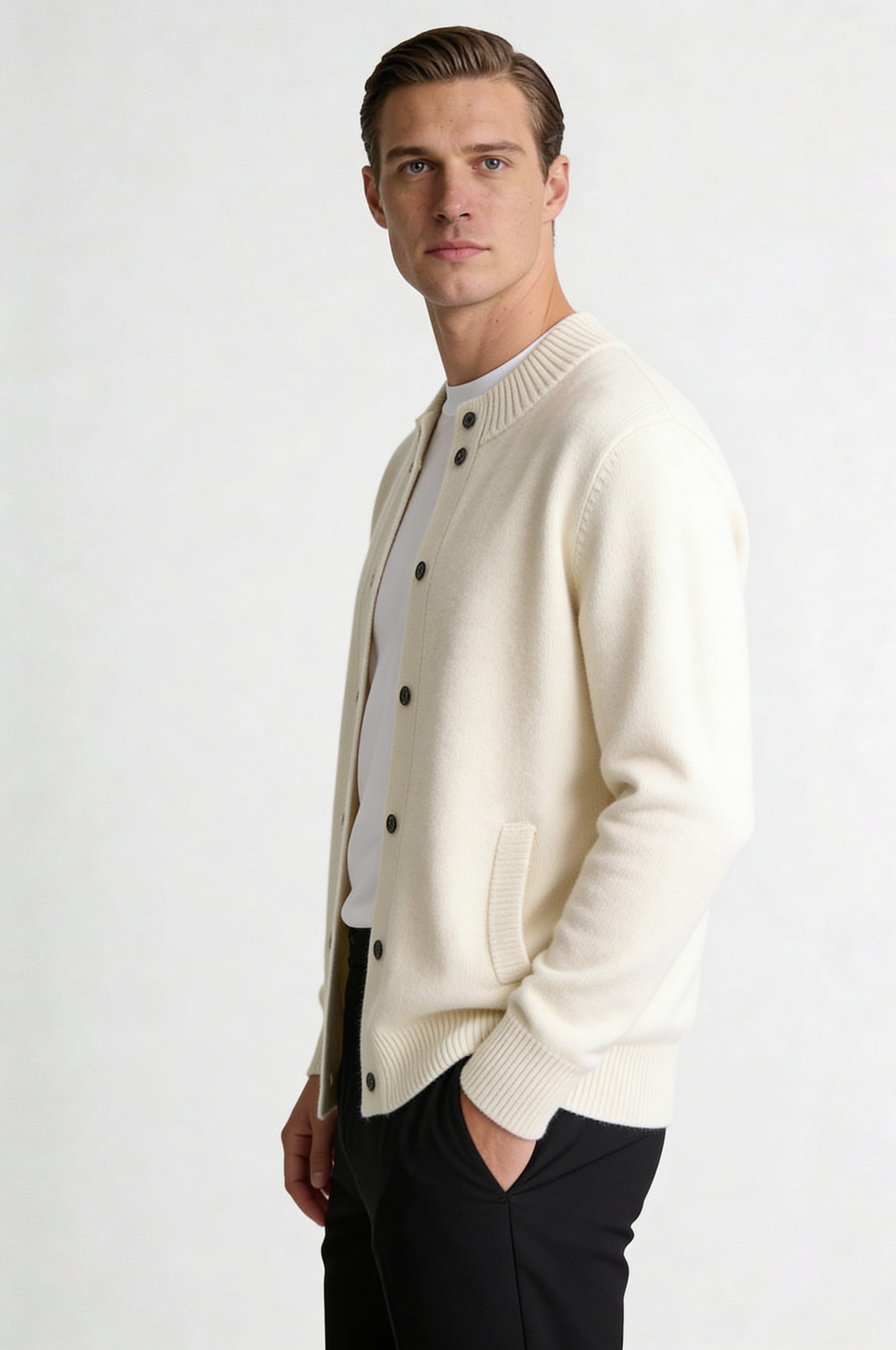 LORVIK WOOL STAND COLLAR CARDIGAN – IVORY