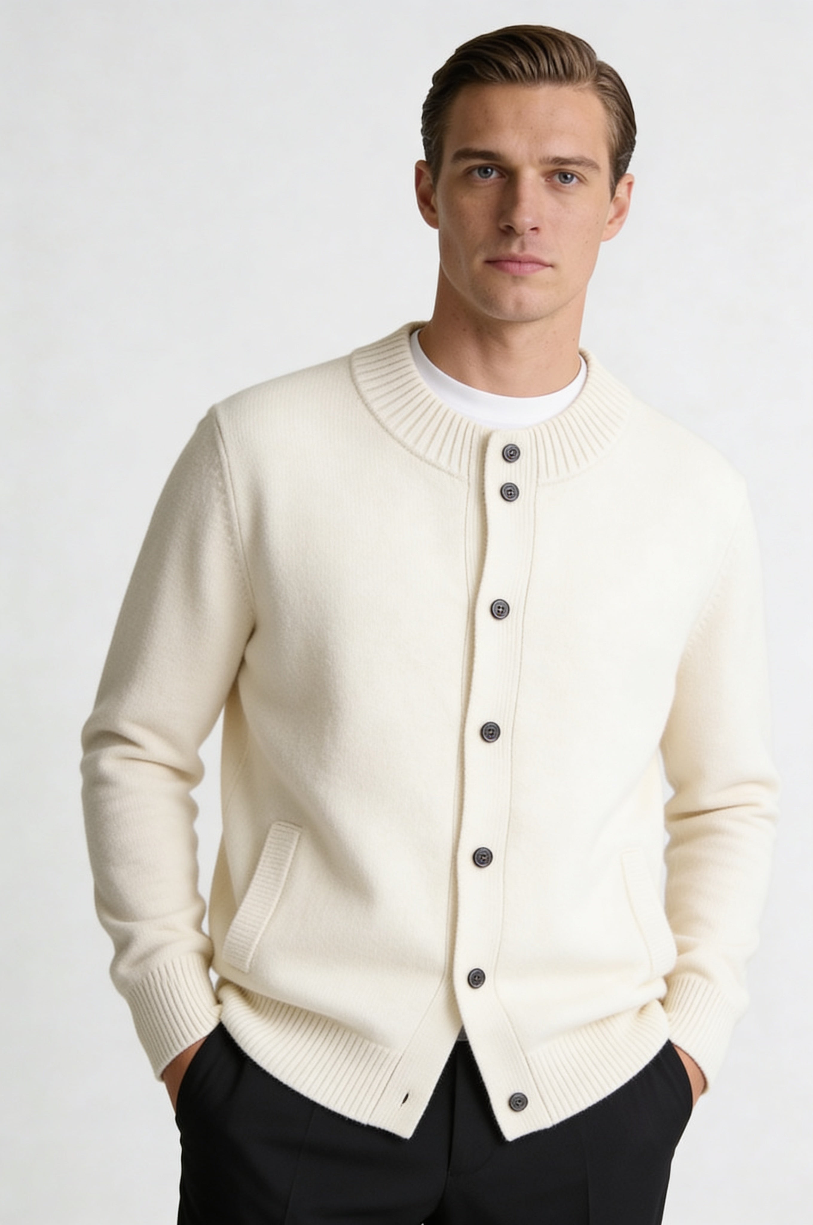 LORVIK WOOL STAND COLLAR CARDIGAN – IVORY