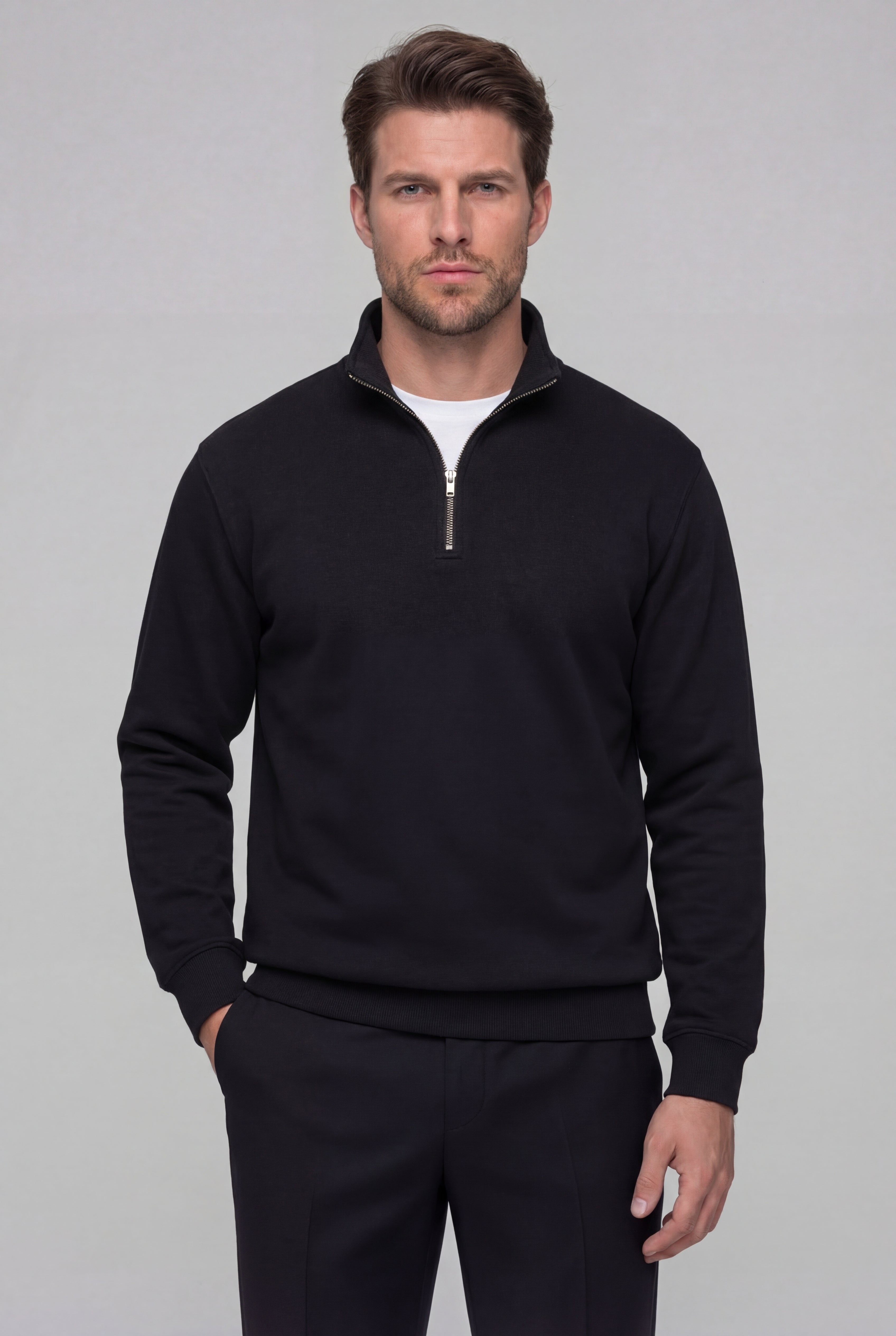 LAVERNO QUARTER ZIP COTTON SWEATER – GRAY