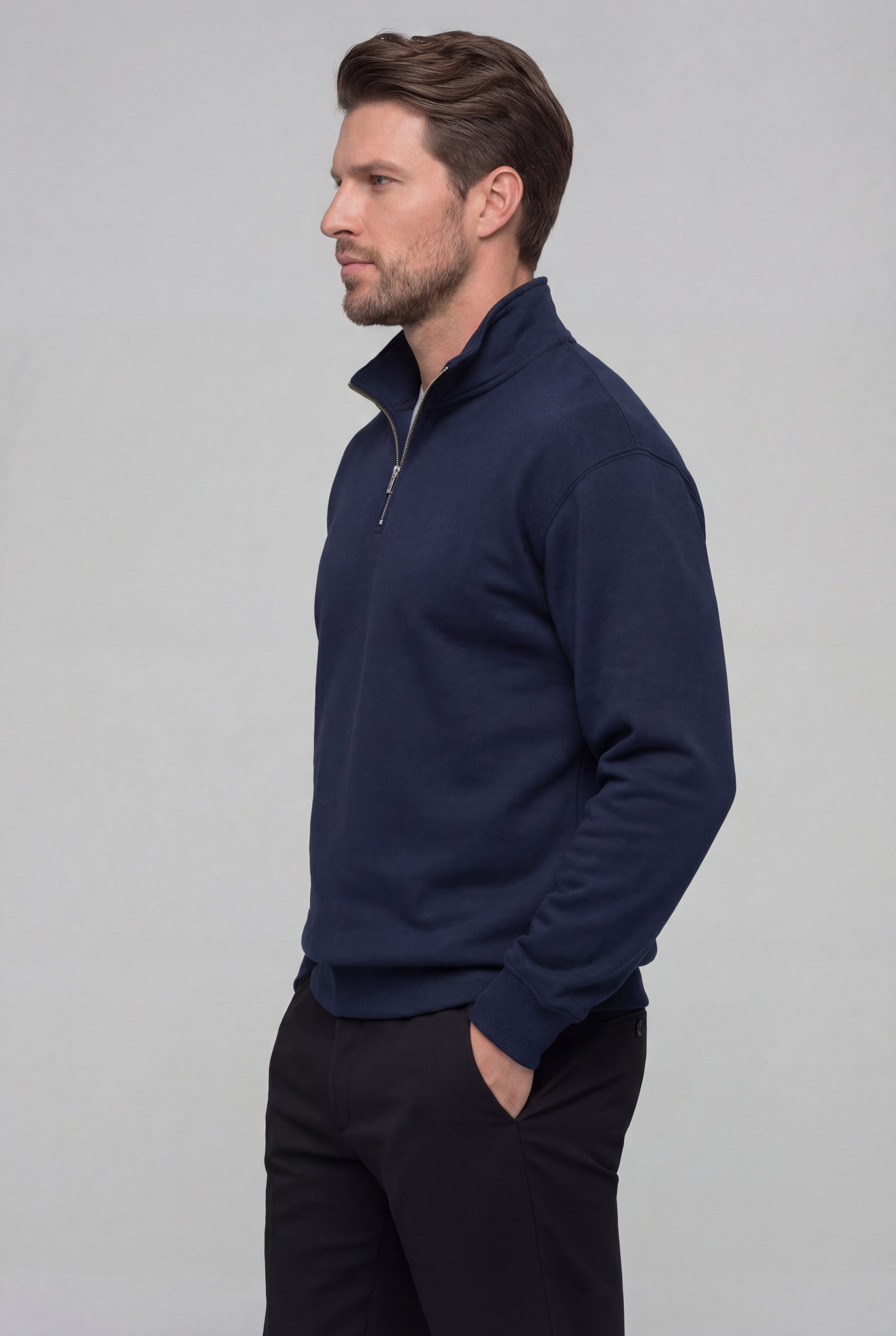 LAVERNO QUARTER ZIP COTTON SWEATER – NAVY