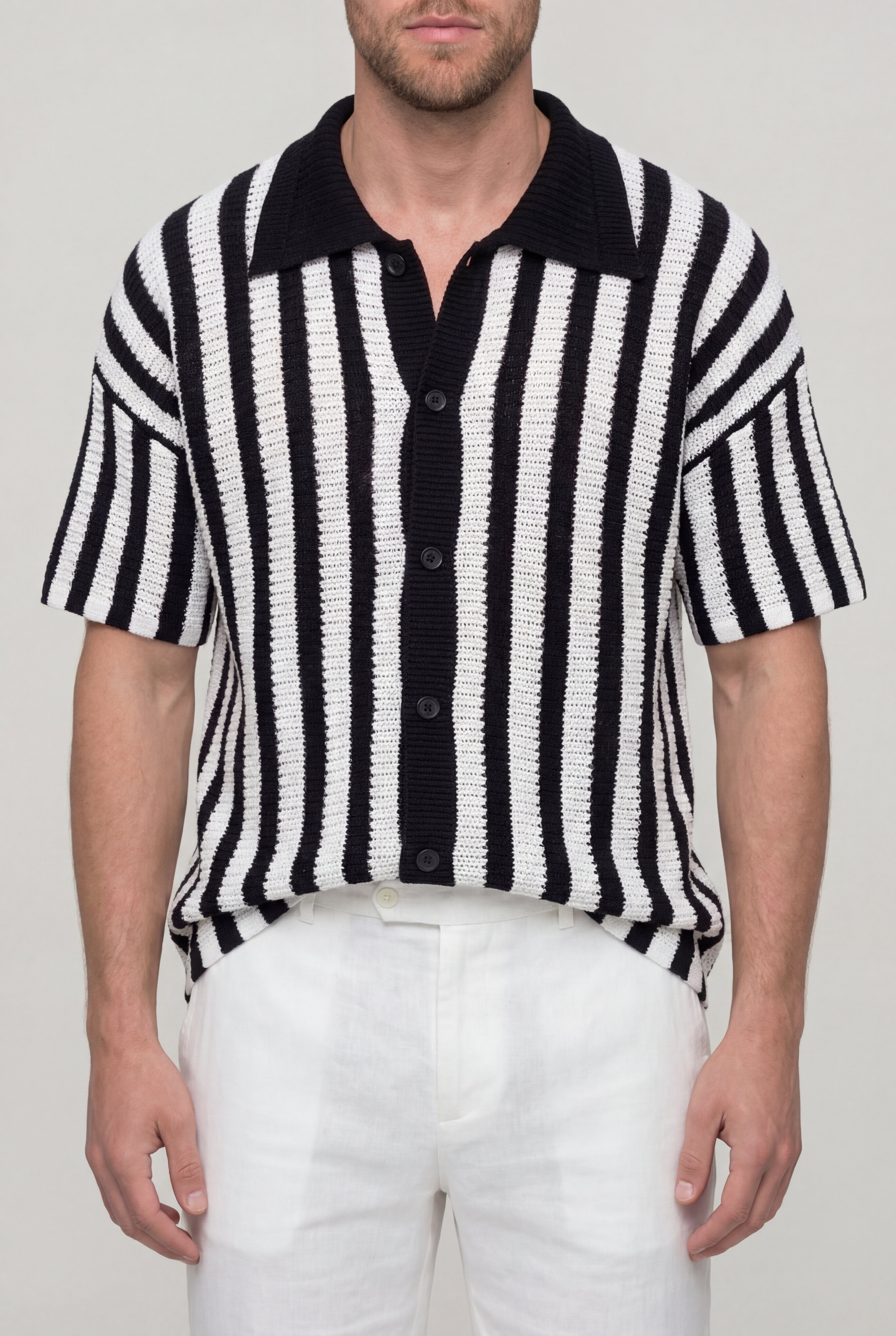 RYVANO STRIPED KNIT POLO SHIRT – BLACK