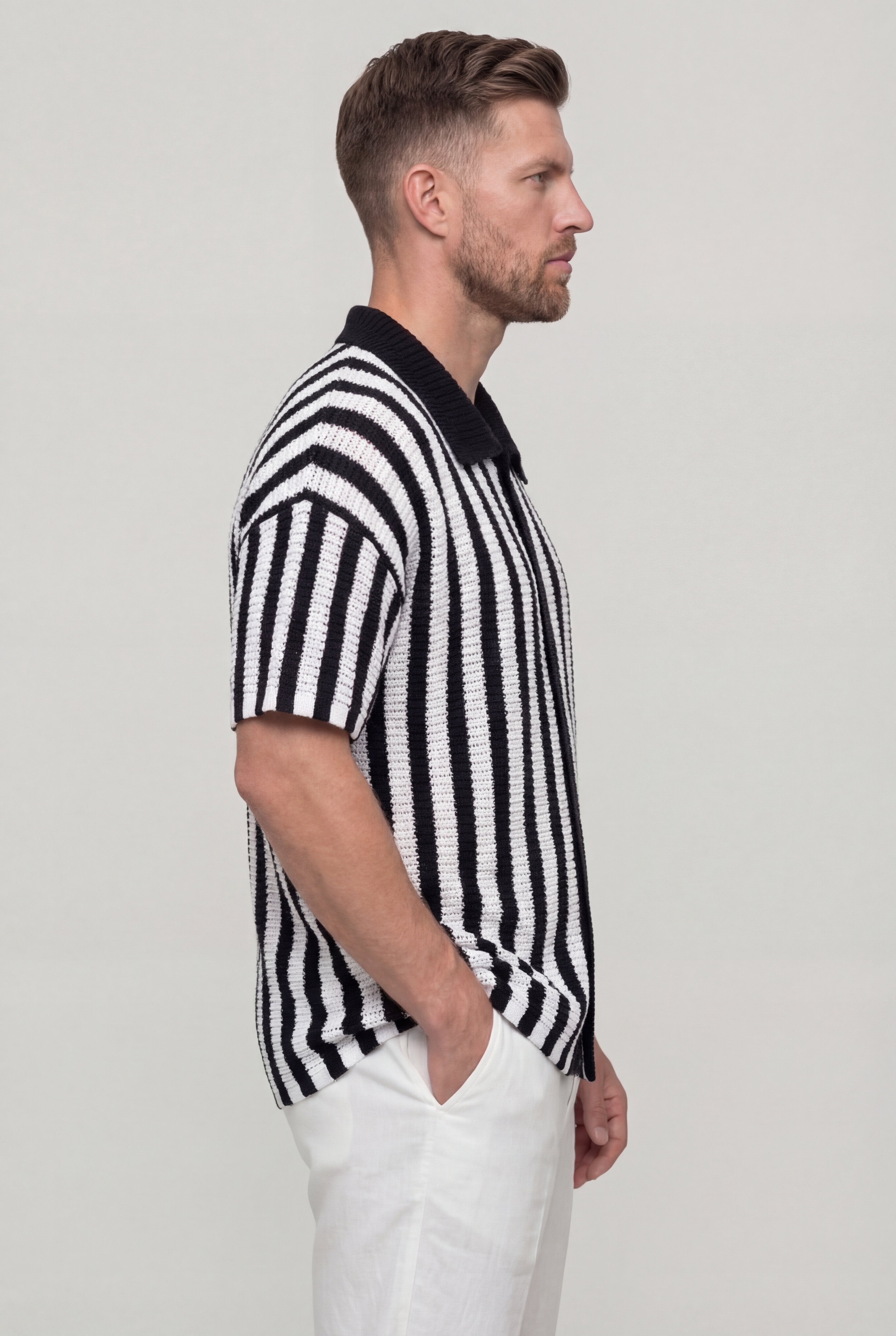 RYVANO STRIPED KNIT POLO SHIRT – BLACK