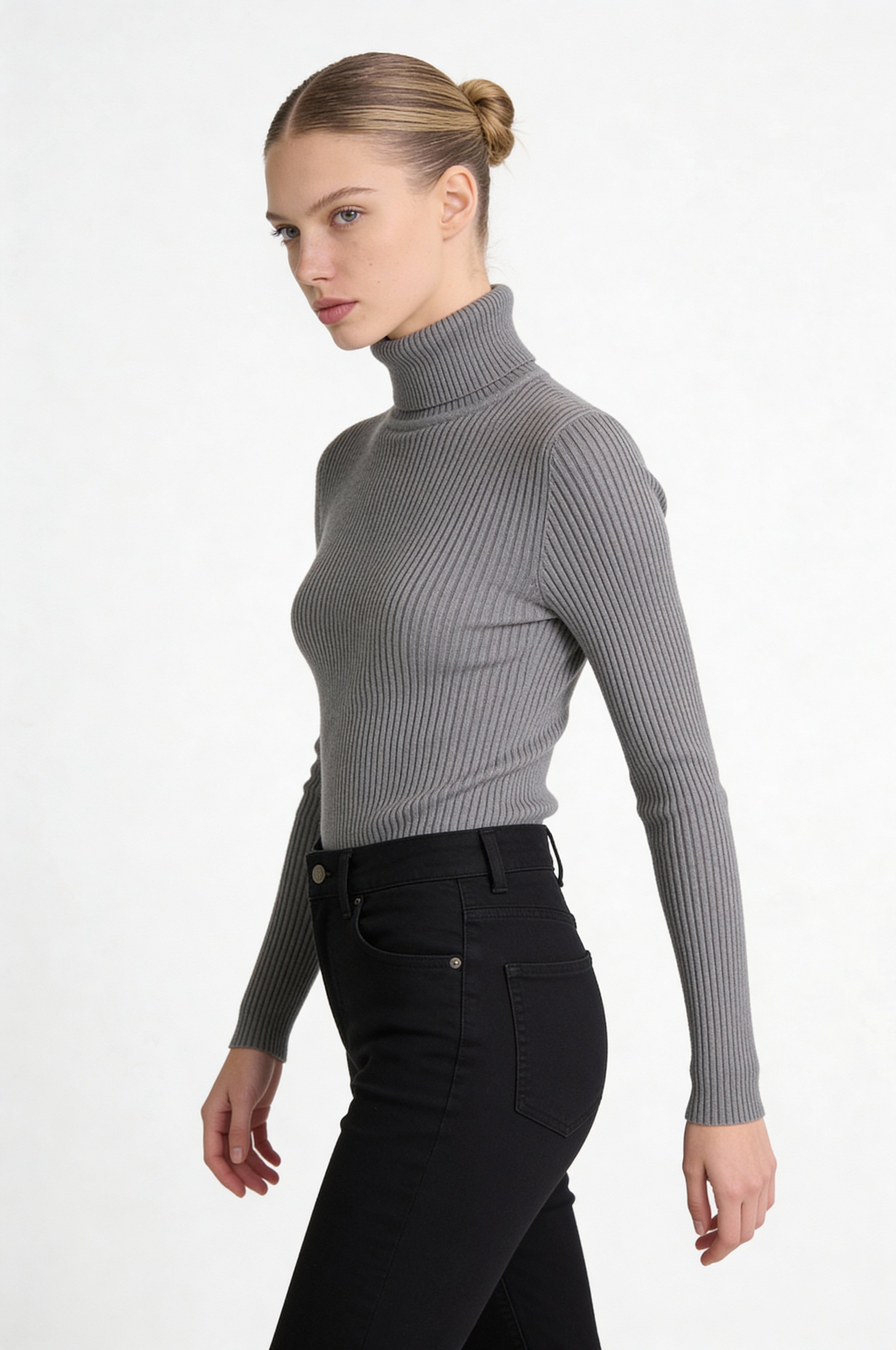 Ribbed Cotton Turtleneck Sweater -Gray