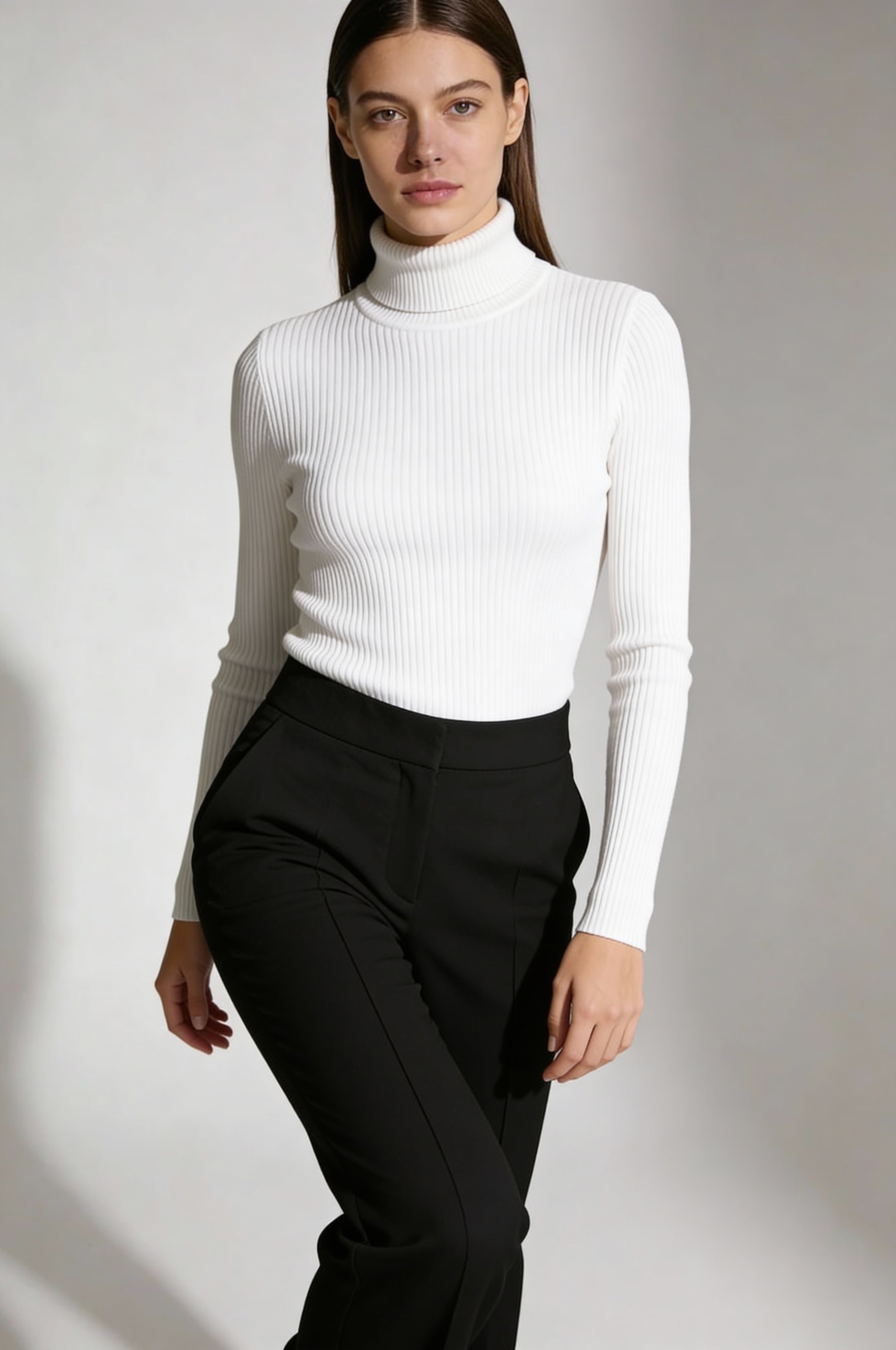 Ribbed Cotton Turtleneck Sweater -White