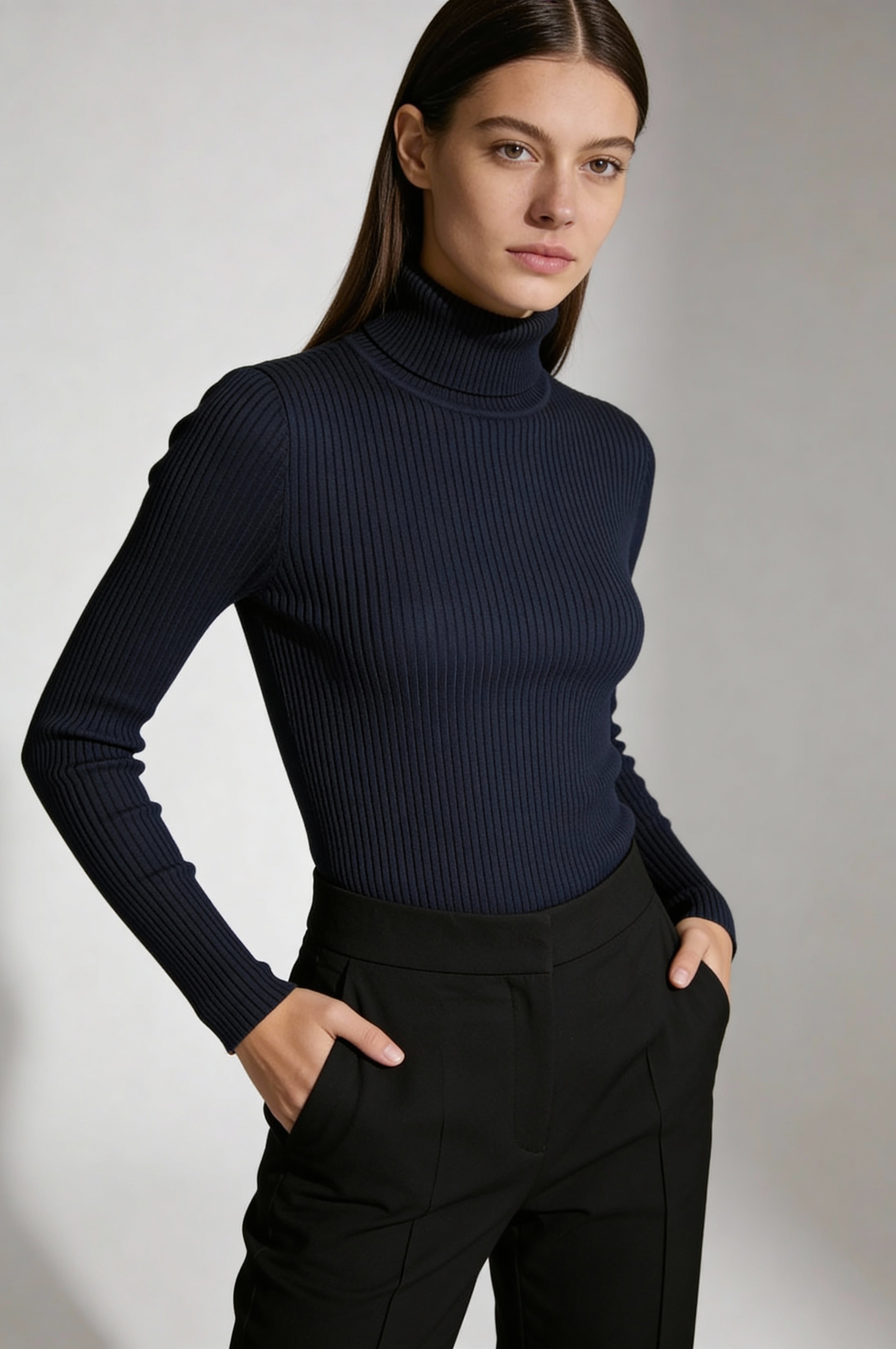 Ribbed Cotton Turtleneck Sweater - Navy