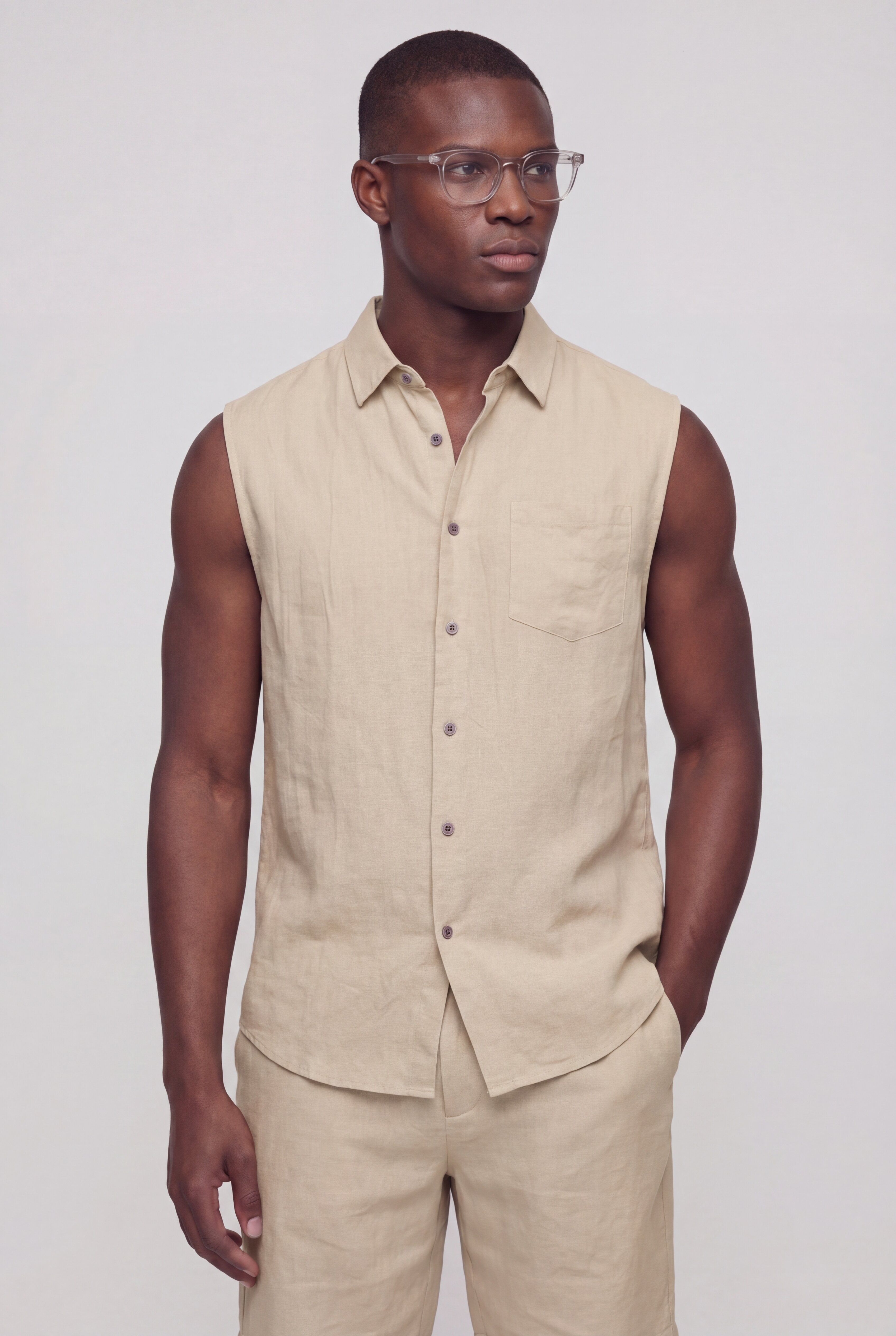 SEVAN SLEEVELESS LINEN SET – BEIGE