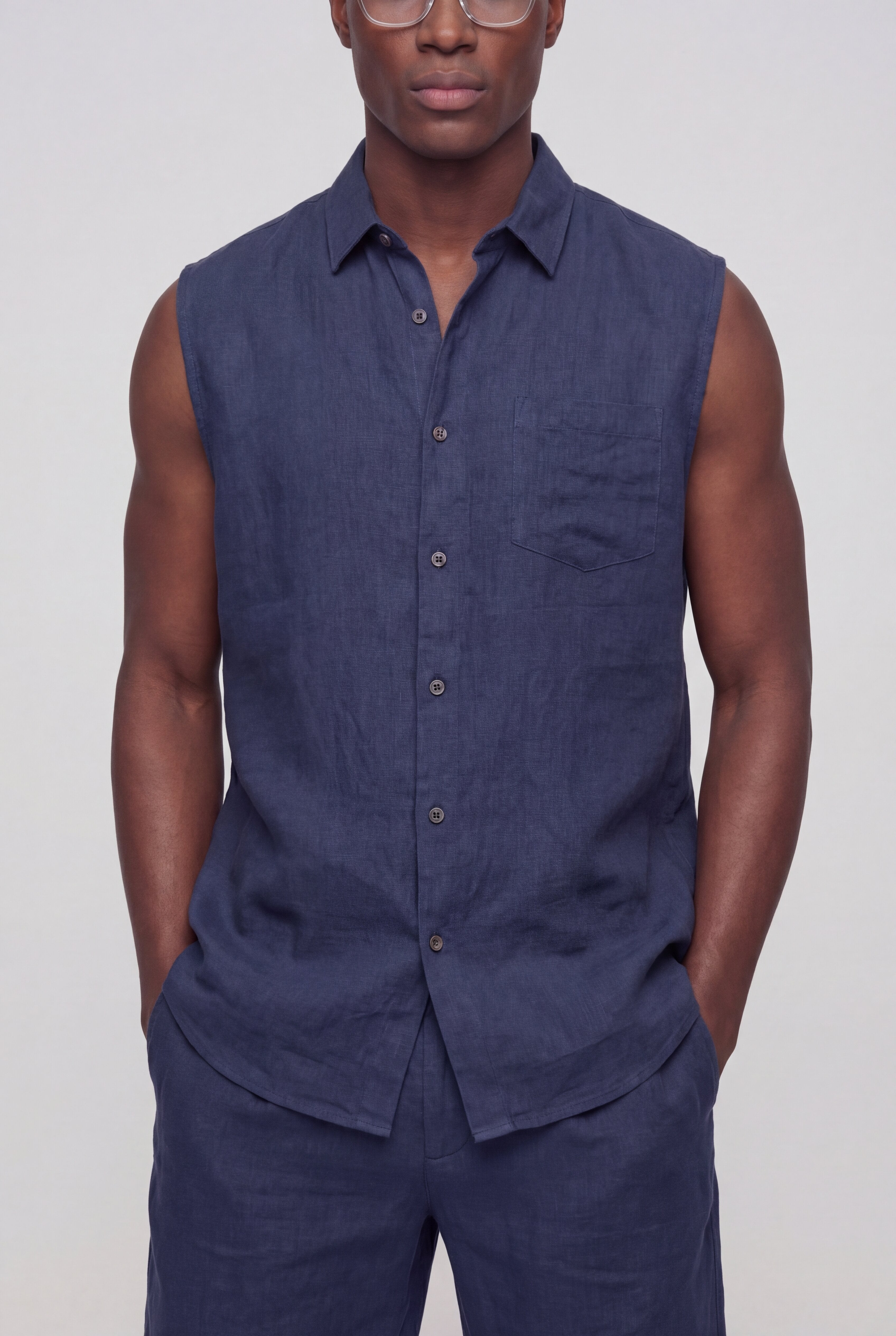 SEVAN SLEEVELESS LINEN SET – NAVY