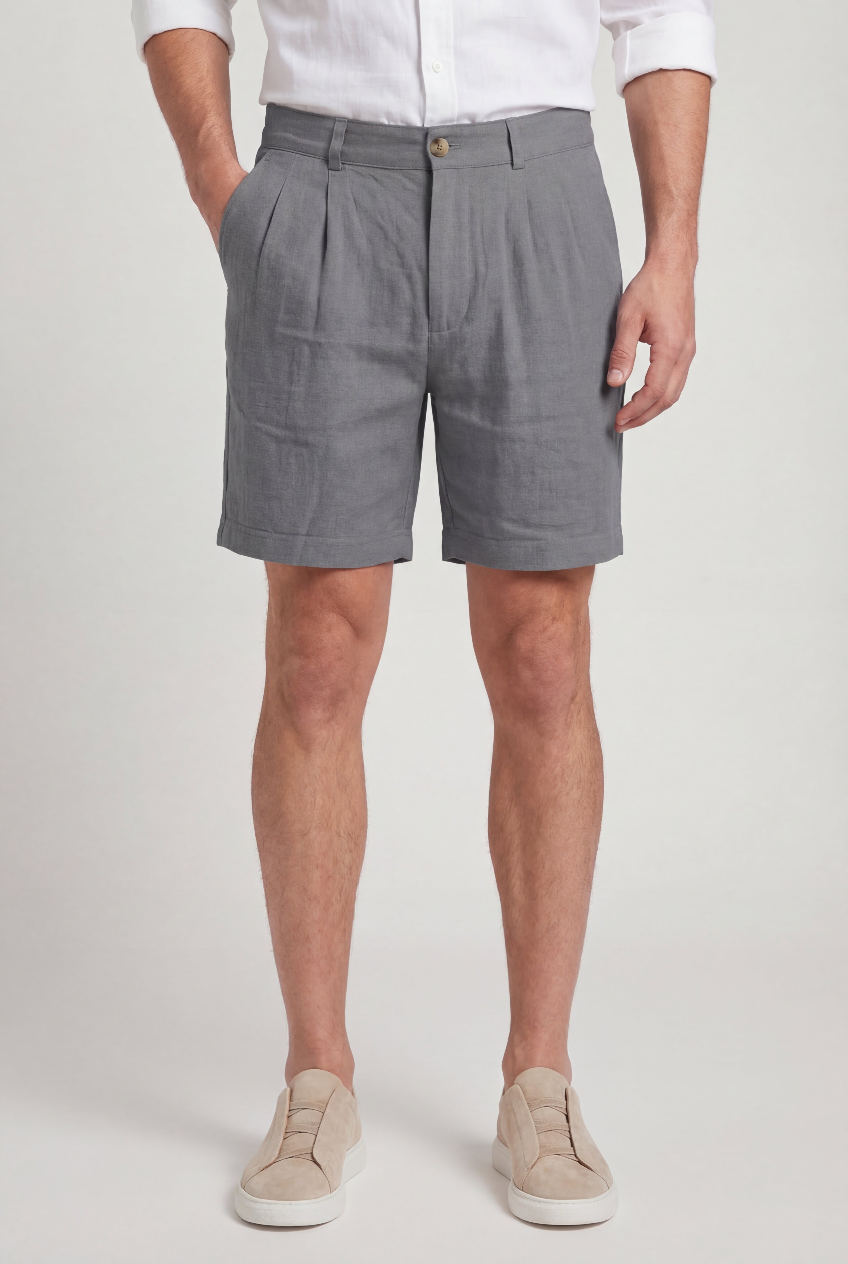 SOLVAREL BUTTON LINEN SHORTS – GRAY