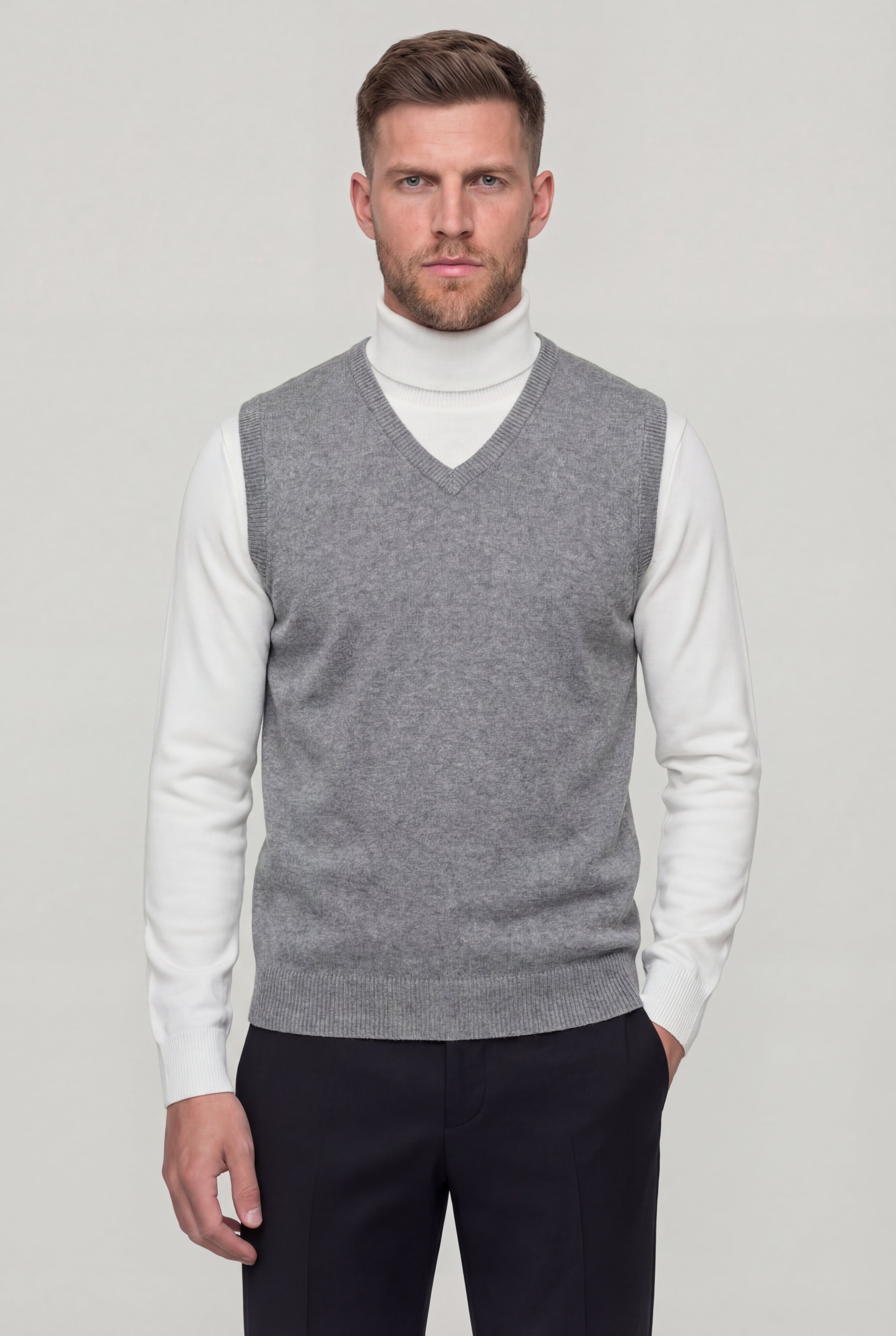 TAVERO WOOL KNIT V-NECK VEST – GRAY