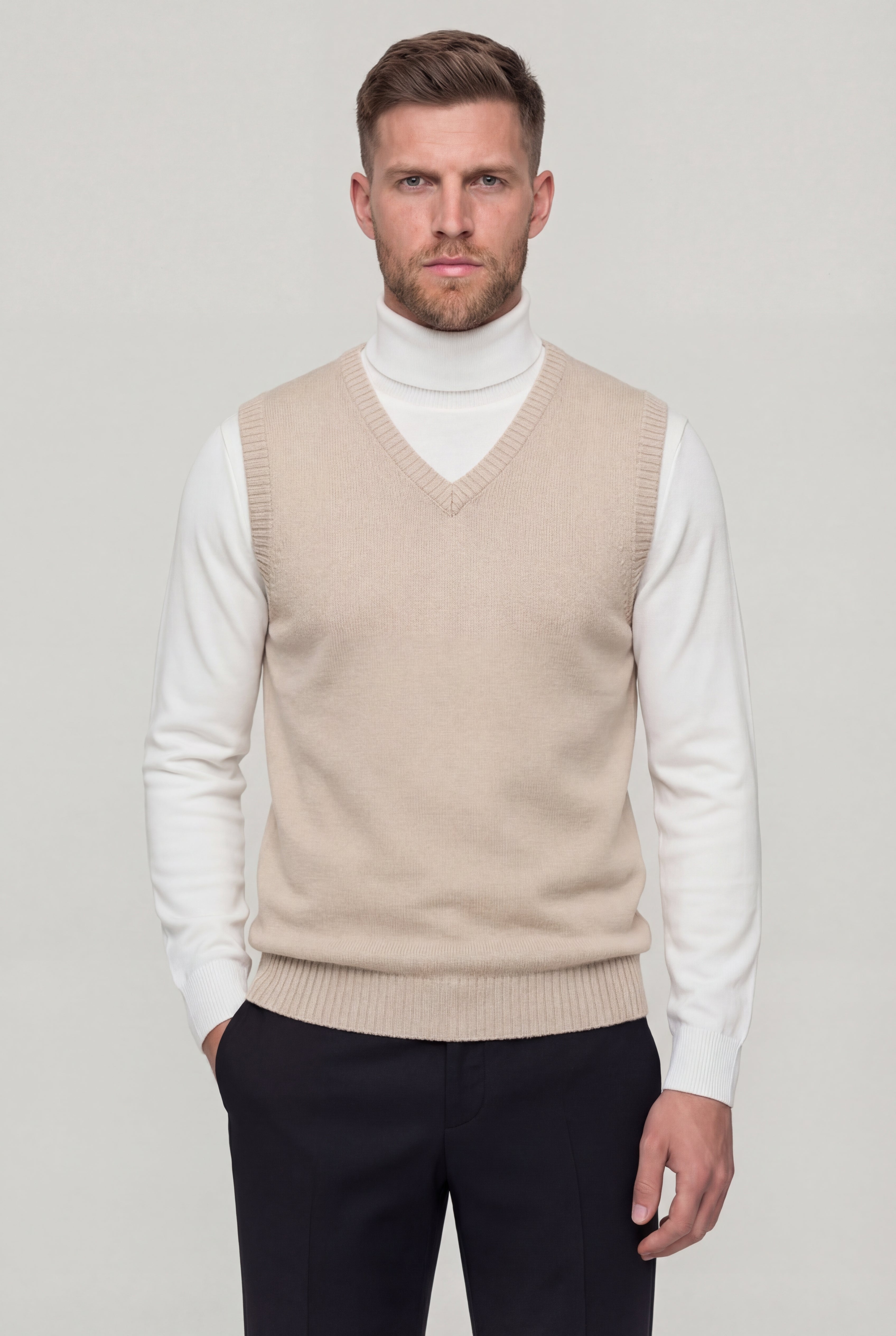 TAVERO WOOL KNIT V-NECK VEST – KHAKI