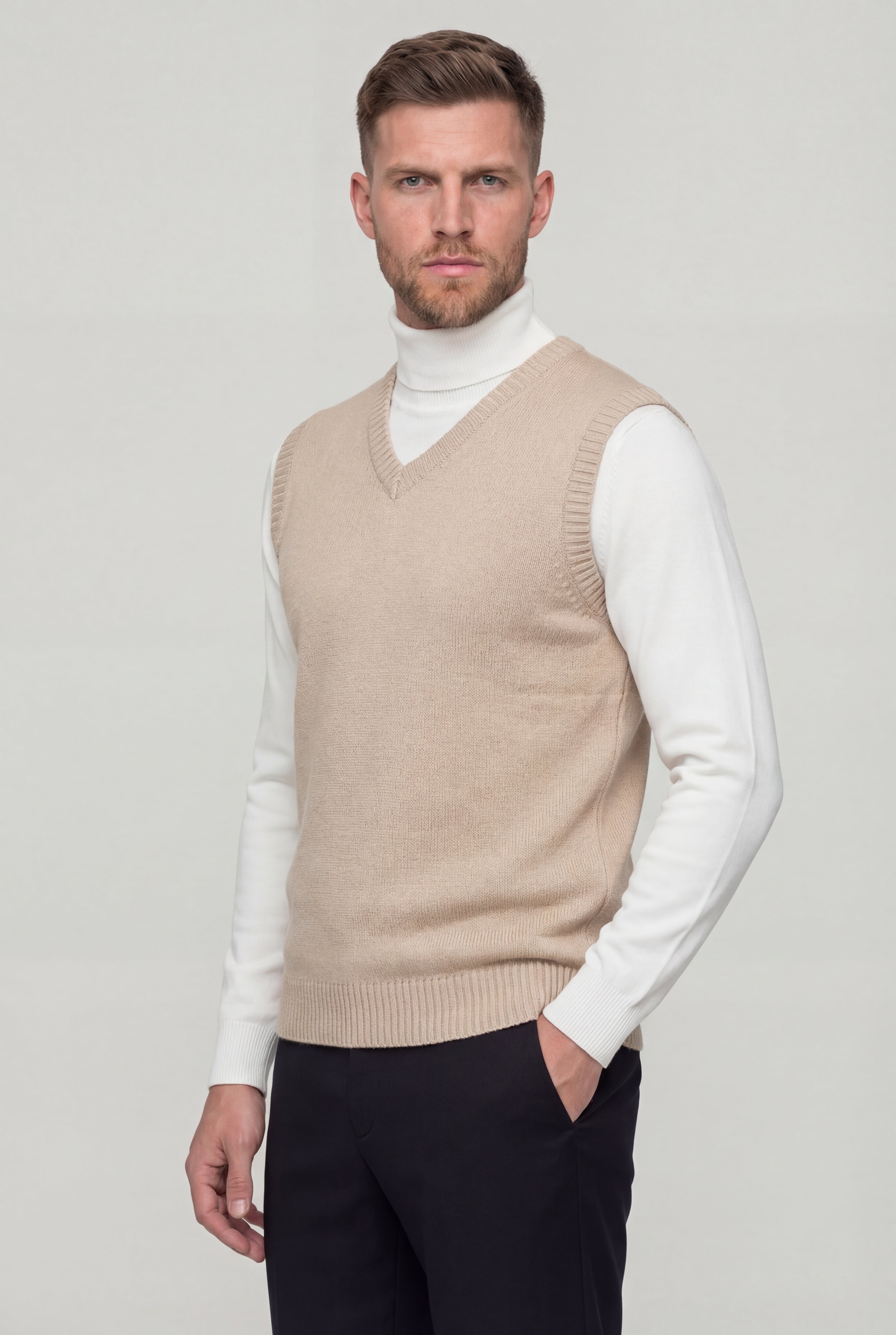 TAVERO WOOL KNIT V-NECK VEST – KHAKI