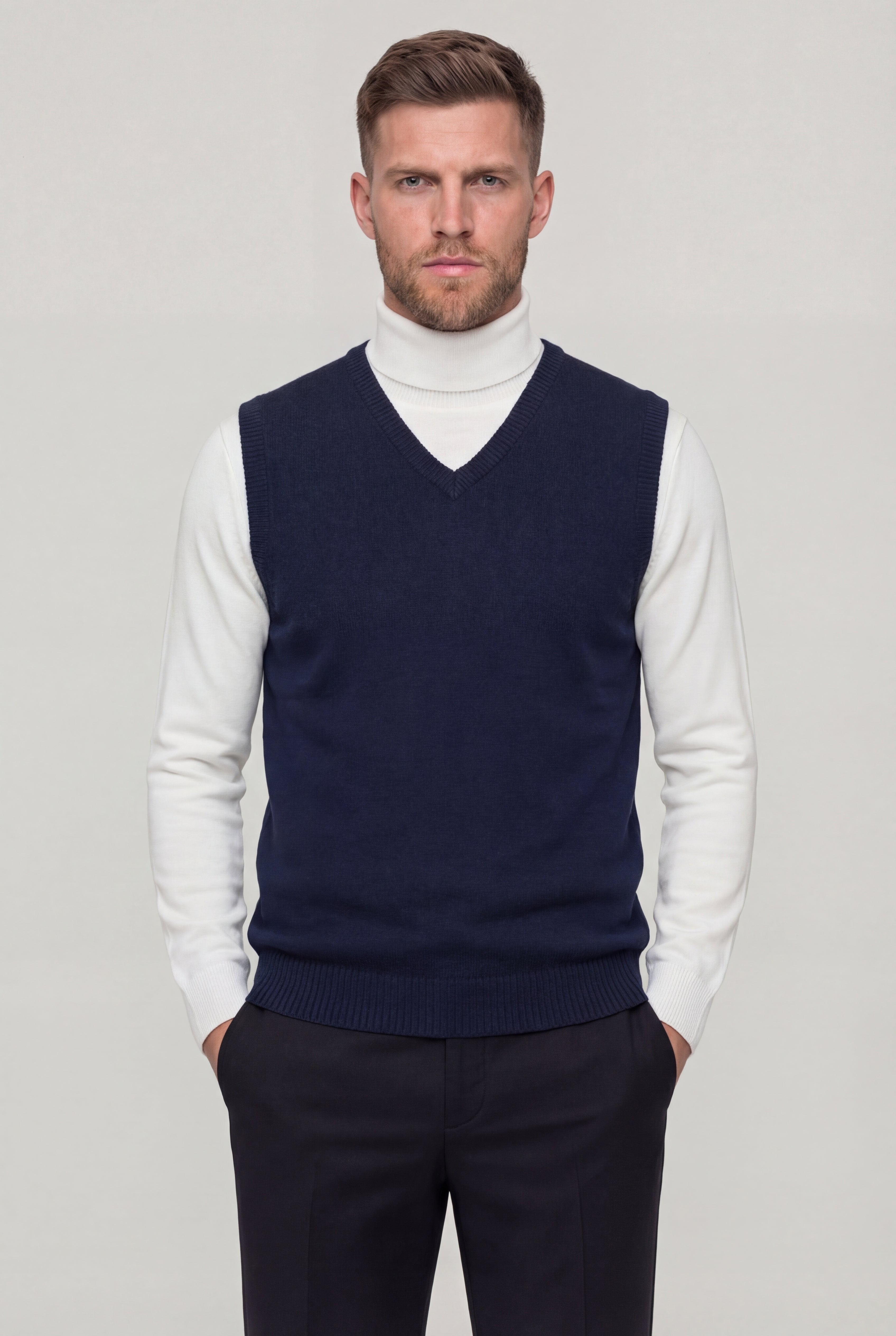 TAVERO WOOL KNIT V-NECK VEST – NAVY