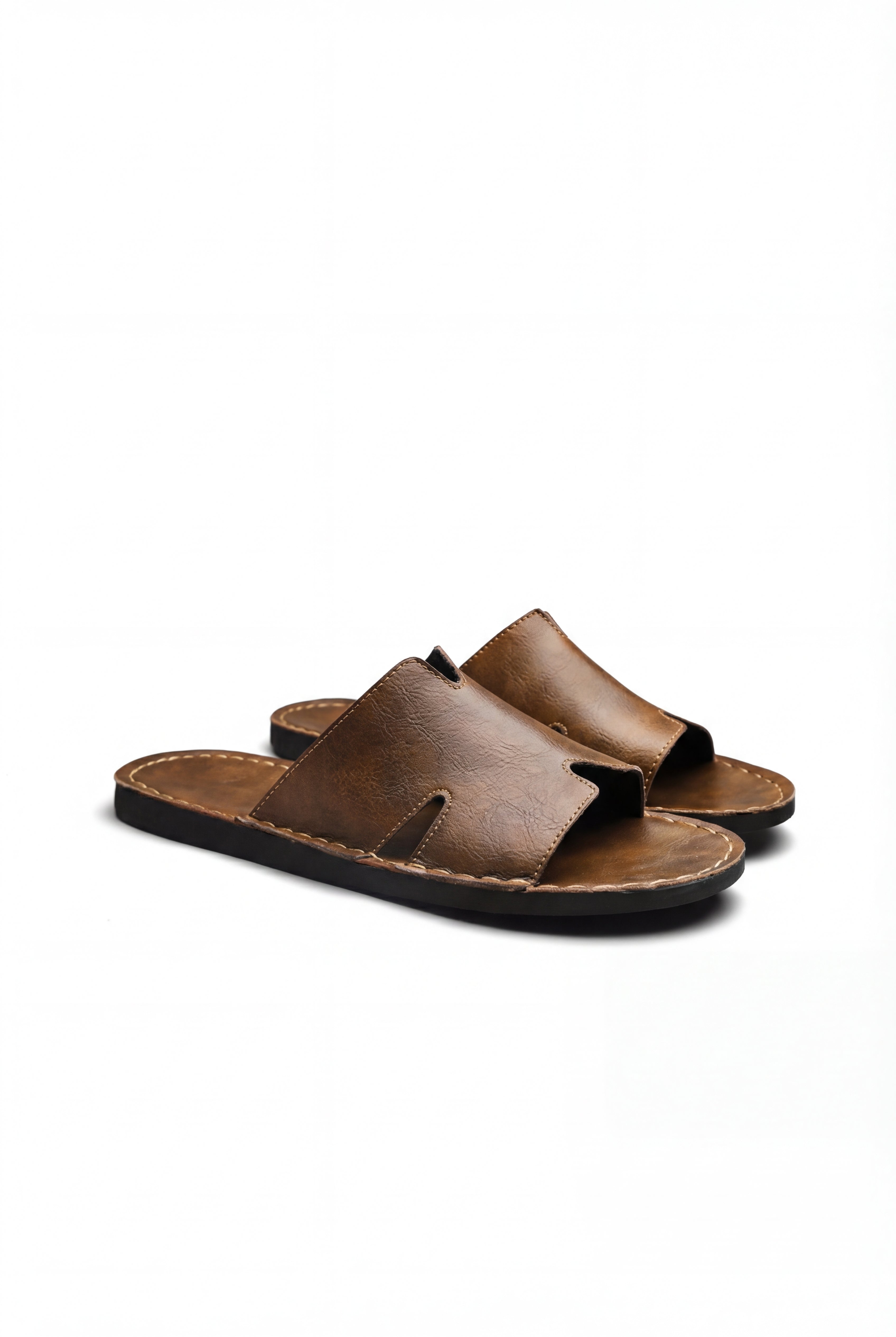 VALENO LEATHER SLIDE SANDALS – BROWN