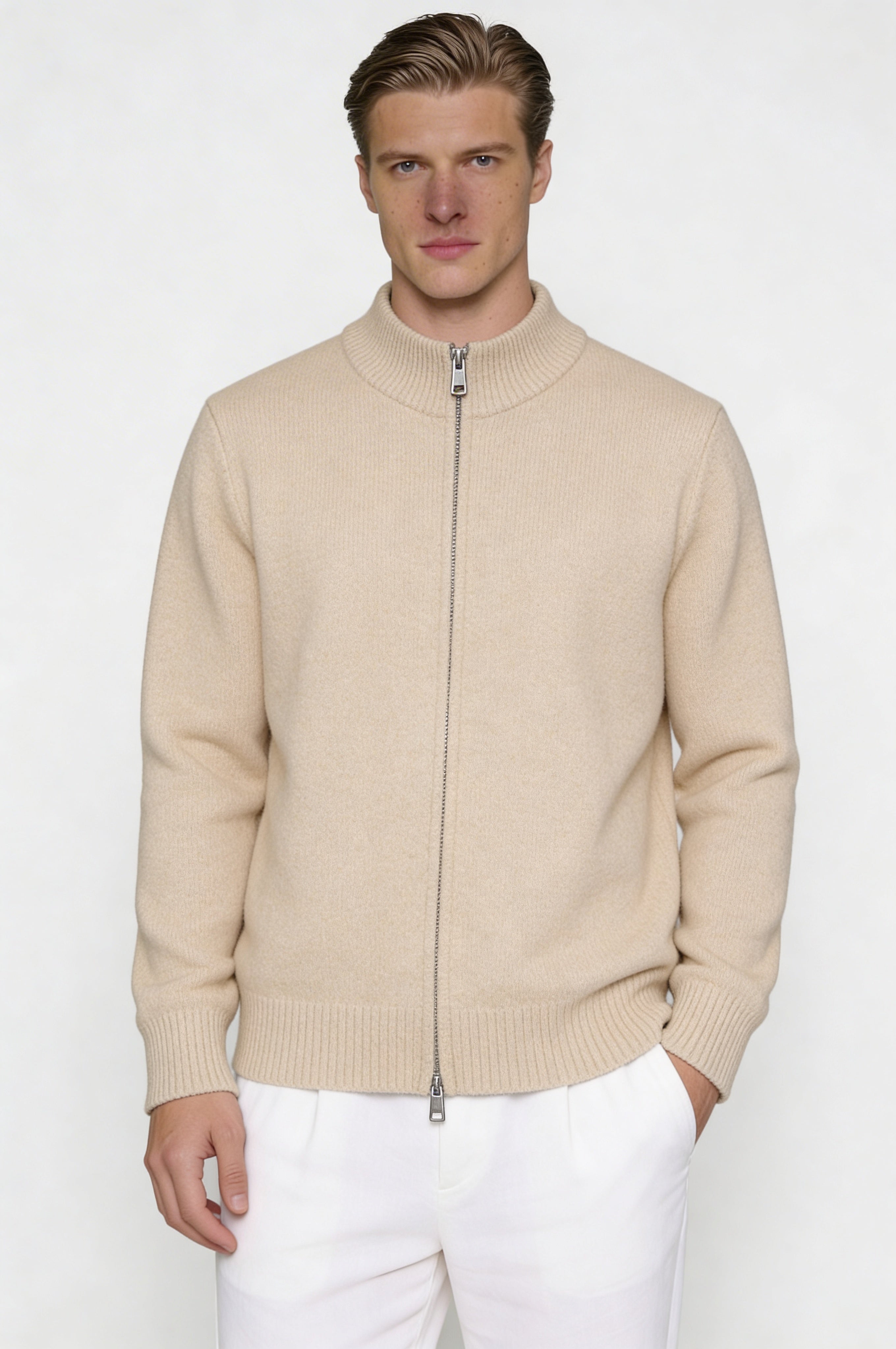 VALERNO ZIP CARDIGAN – BEIGE