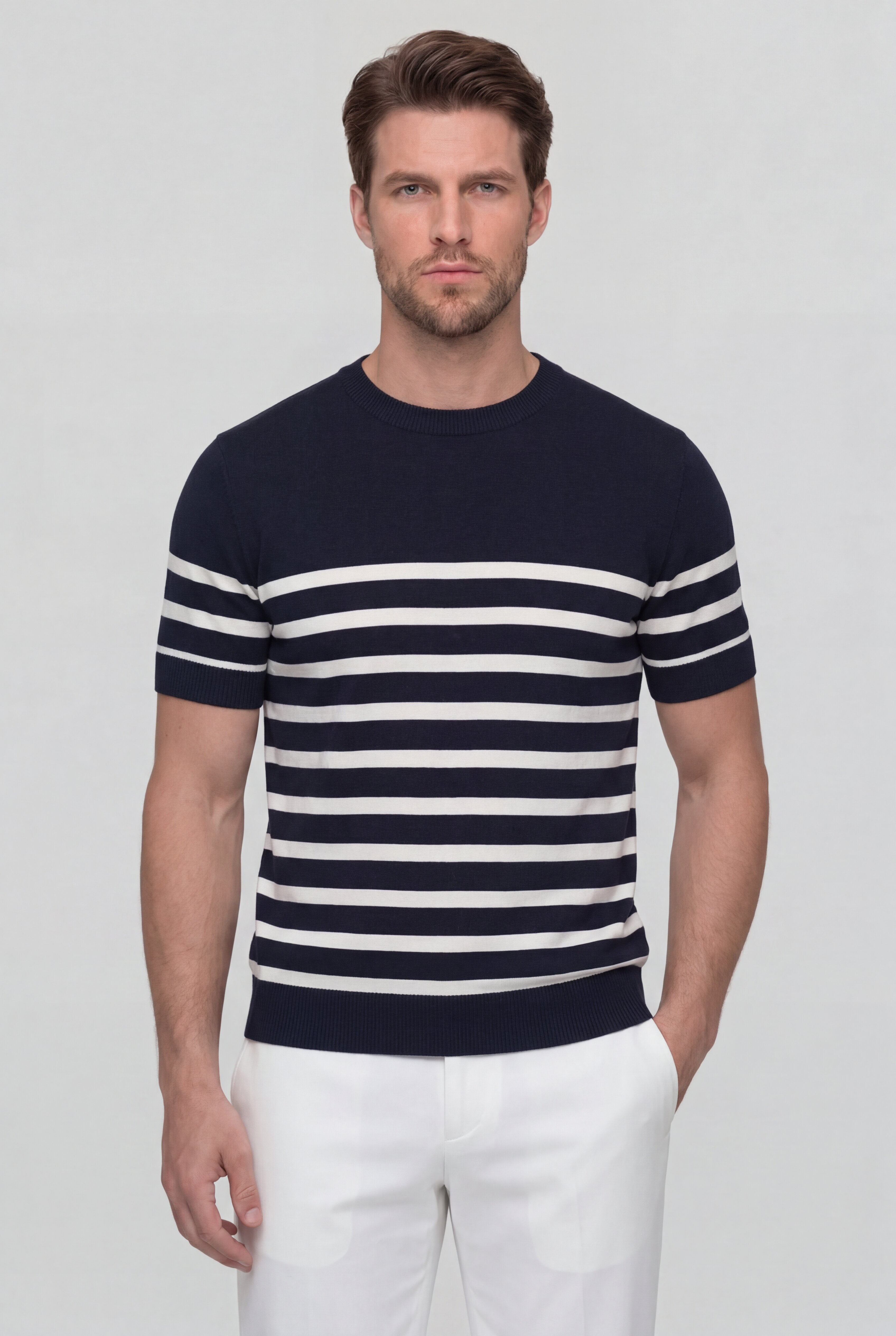 VALTREN STRIPED KNIT T-SHIRT – DARK BLUE