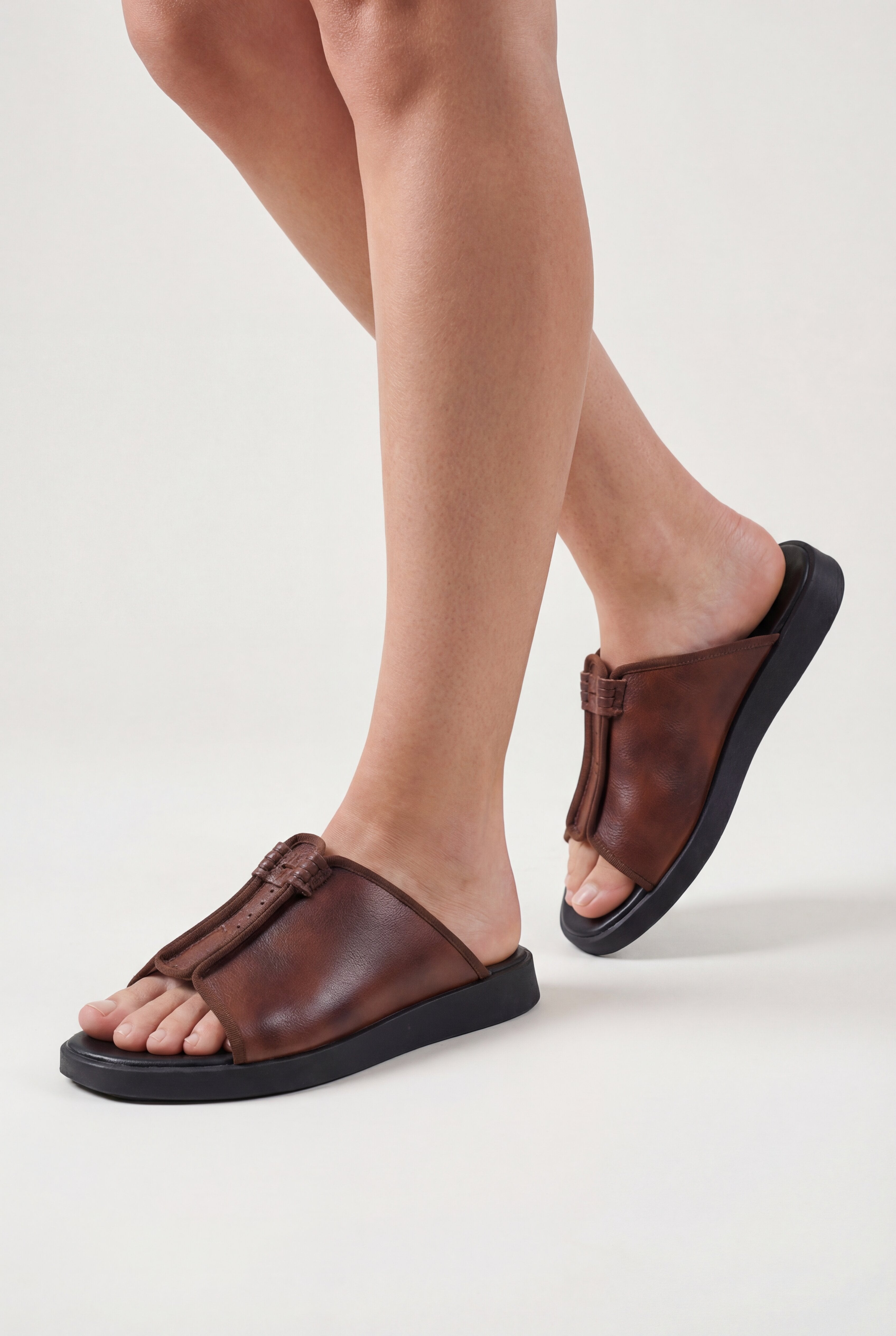 VELCANO LEATHER SLIDE SANDALS – BROWN
