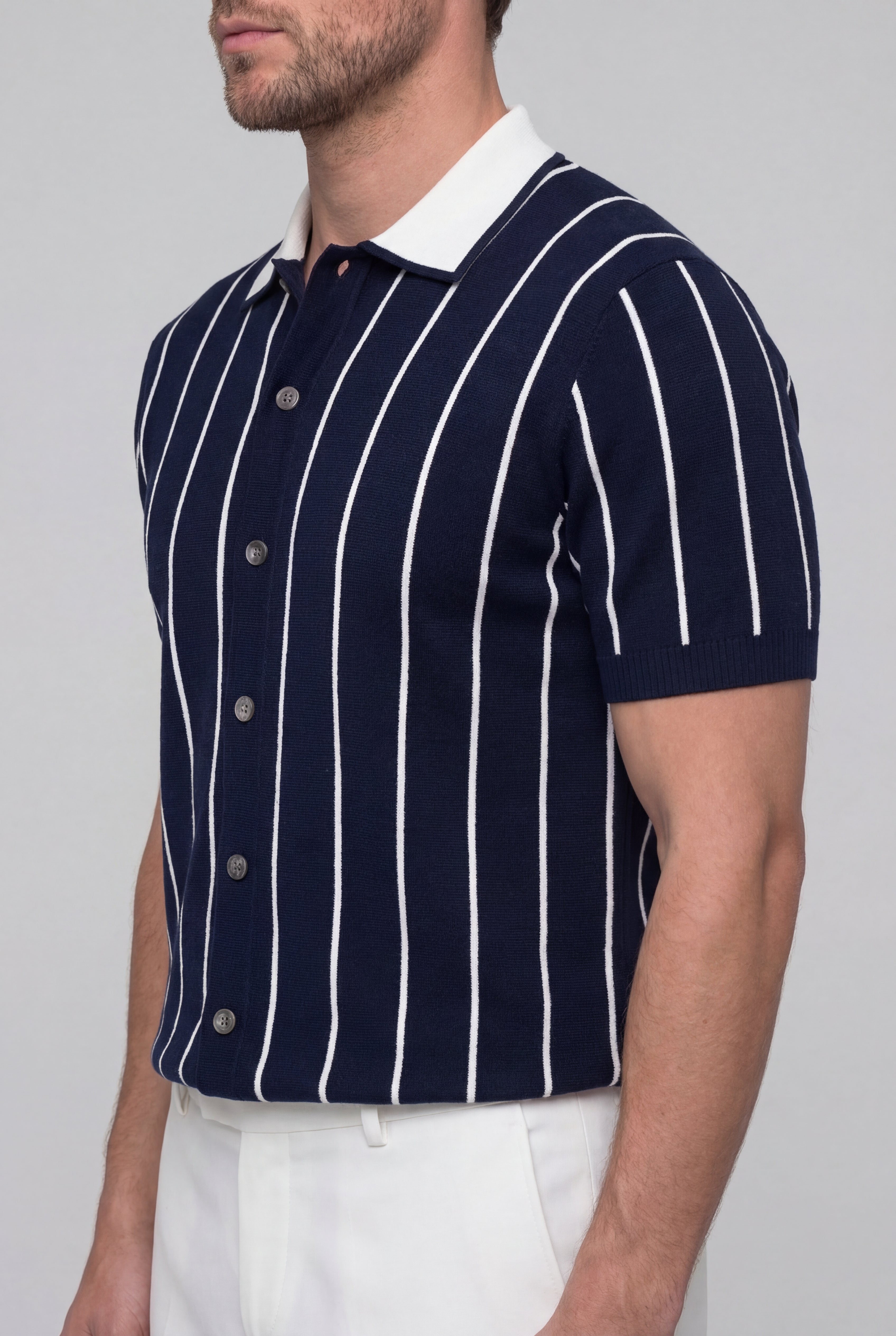 VELORIN STRIPED KNIT POLO SHIRT – NAVY