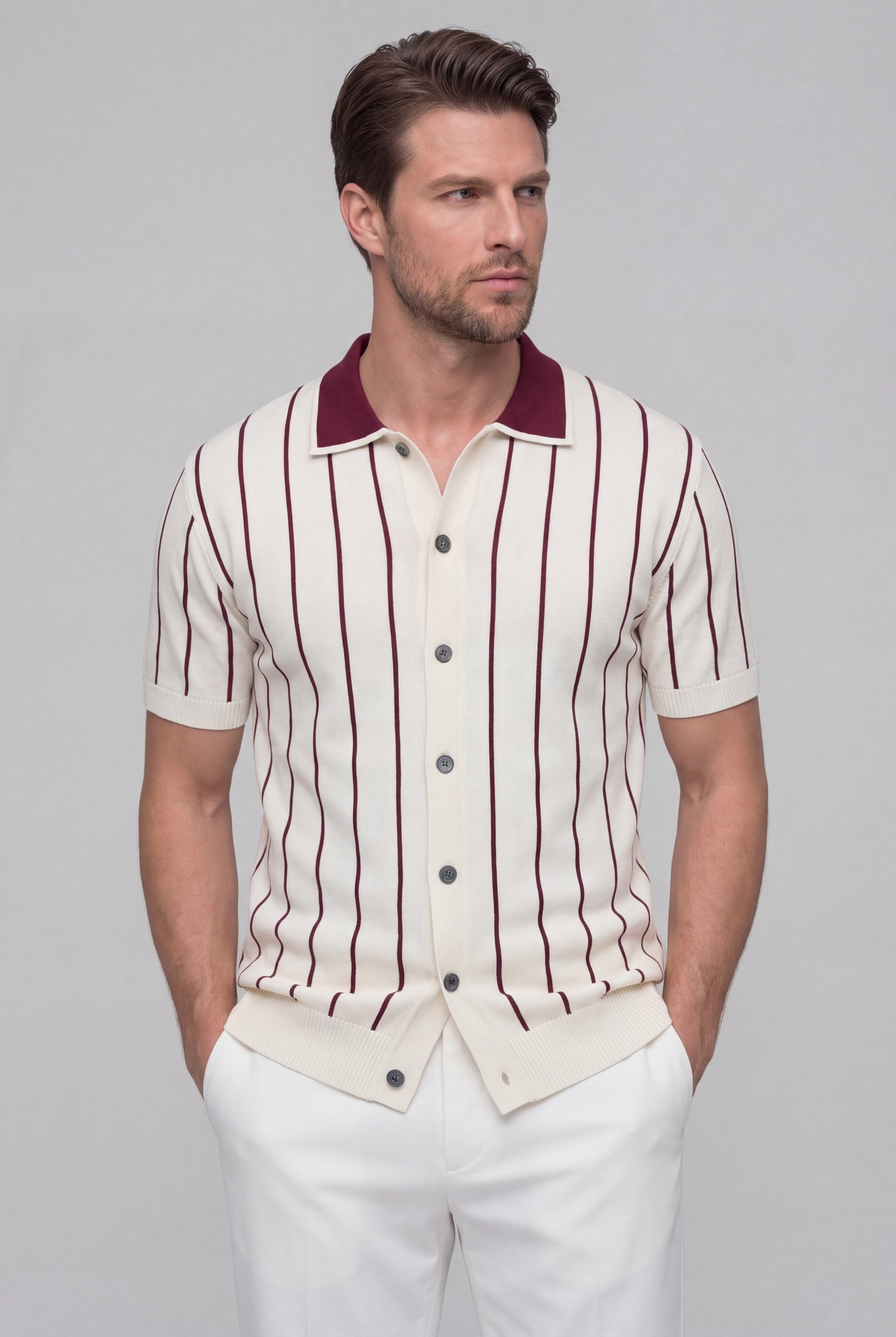 VELORIN STRIPED KNIT POLO SHIRT – WHITE
